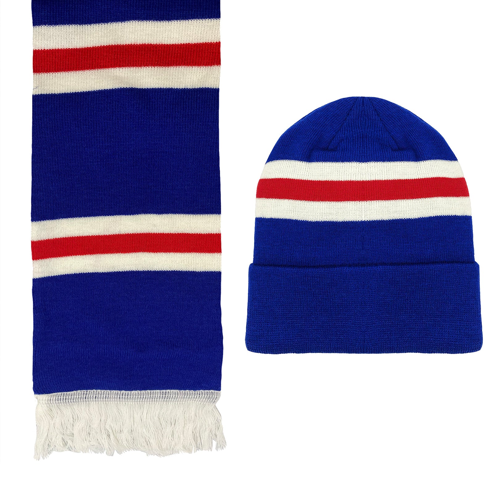 Rangers retro beanie hat & bar scarf set in blue, white & red