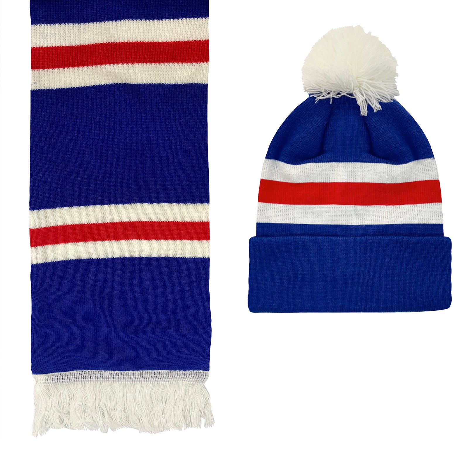 Rangers retro bobble hat & bar scarf set in blue, white & red