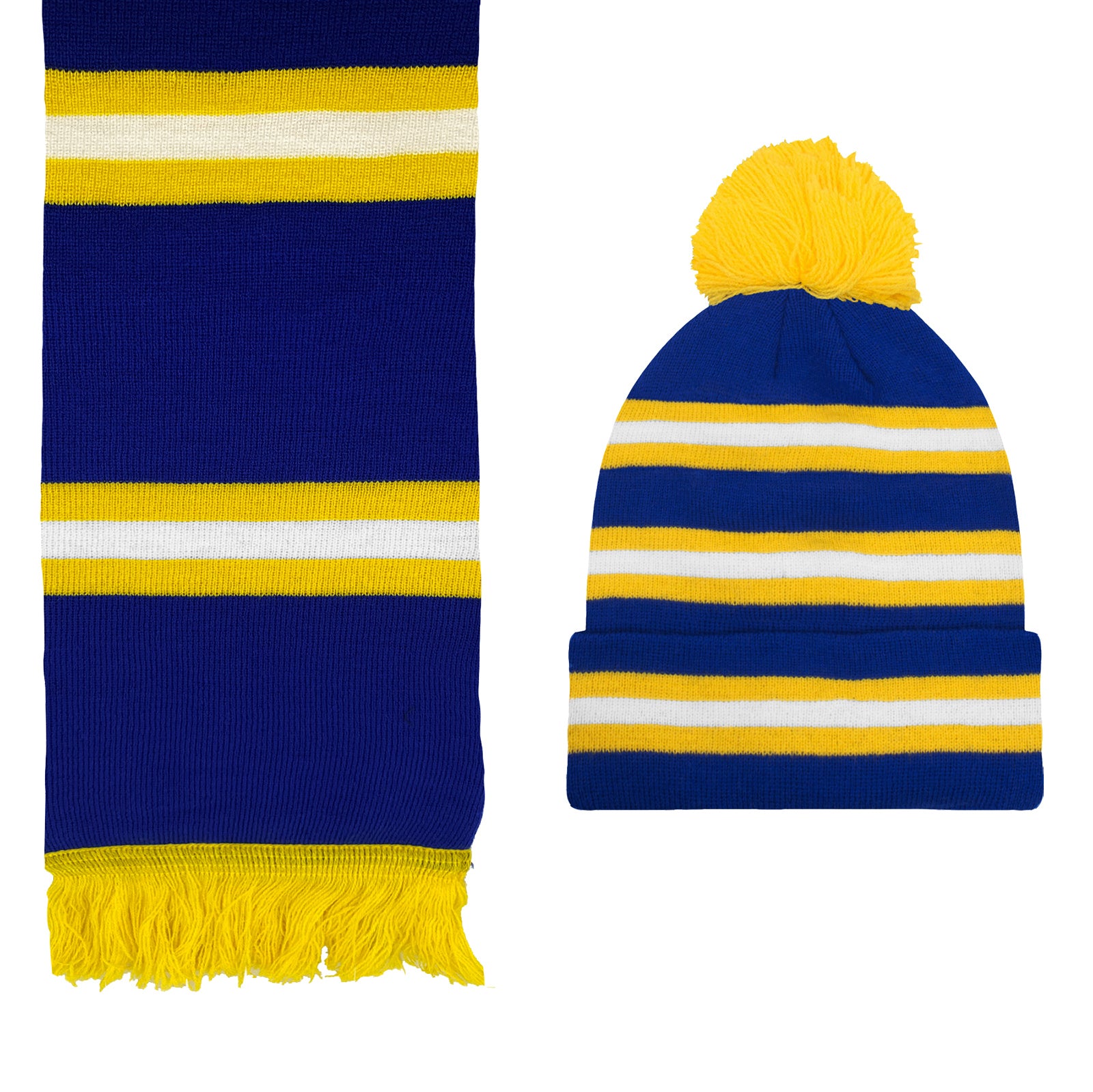 Leeds United retro bobble hat & bar scarf set in blue, white & yellow