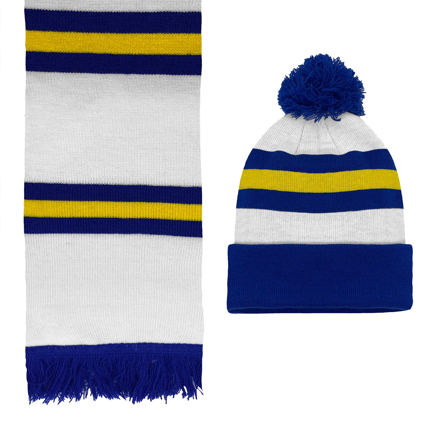 Leeds United retro bobble hat & bar scarf set in white, blue & yellow
