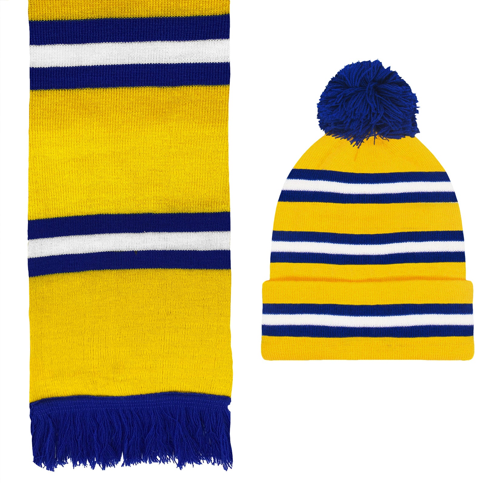 Leeds United retro bobble hat & bar scarf set in yellow, blue & white