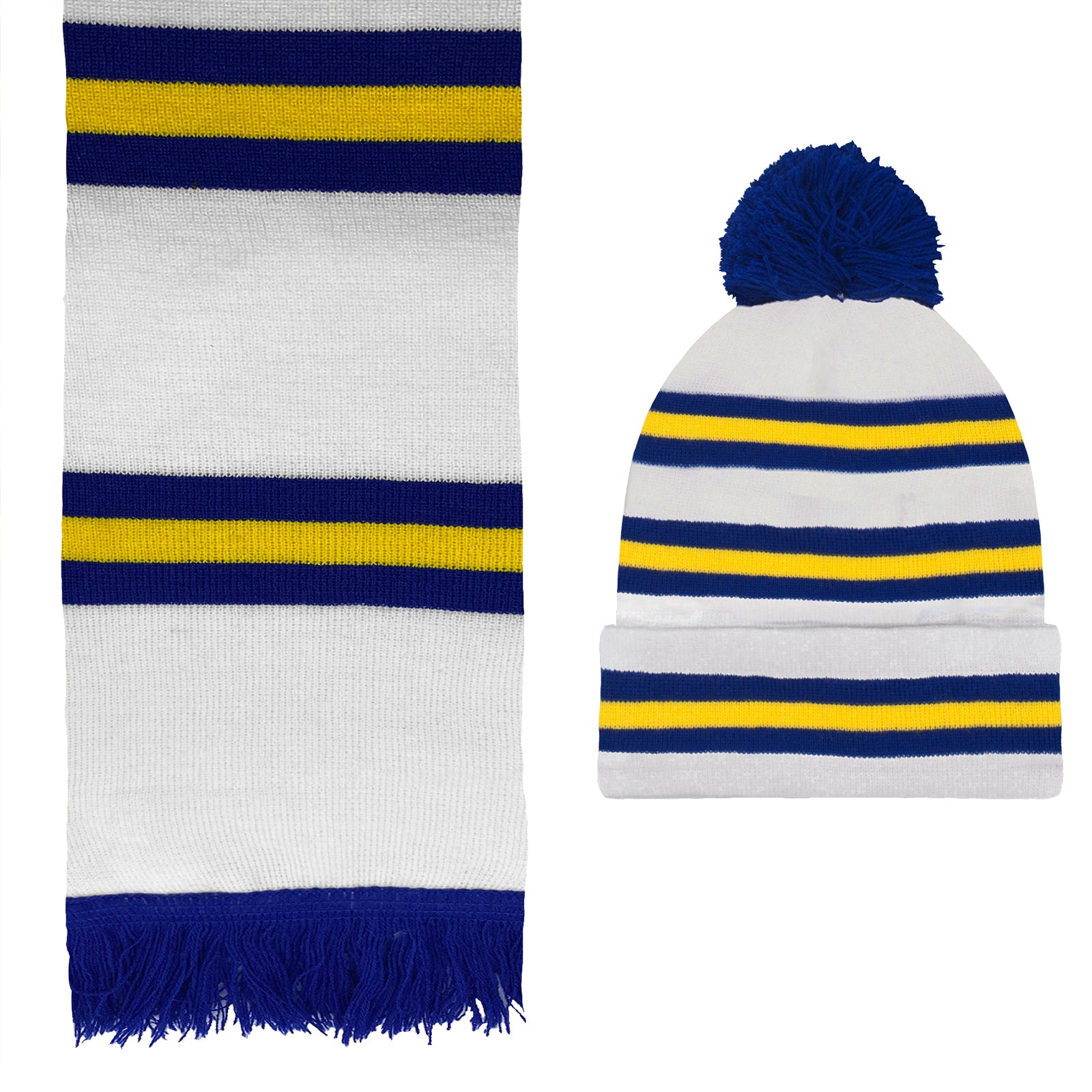 Leeds United retro bobble hat & bar scarf set in white, blue & yellow