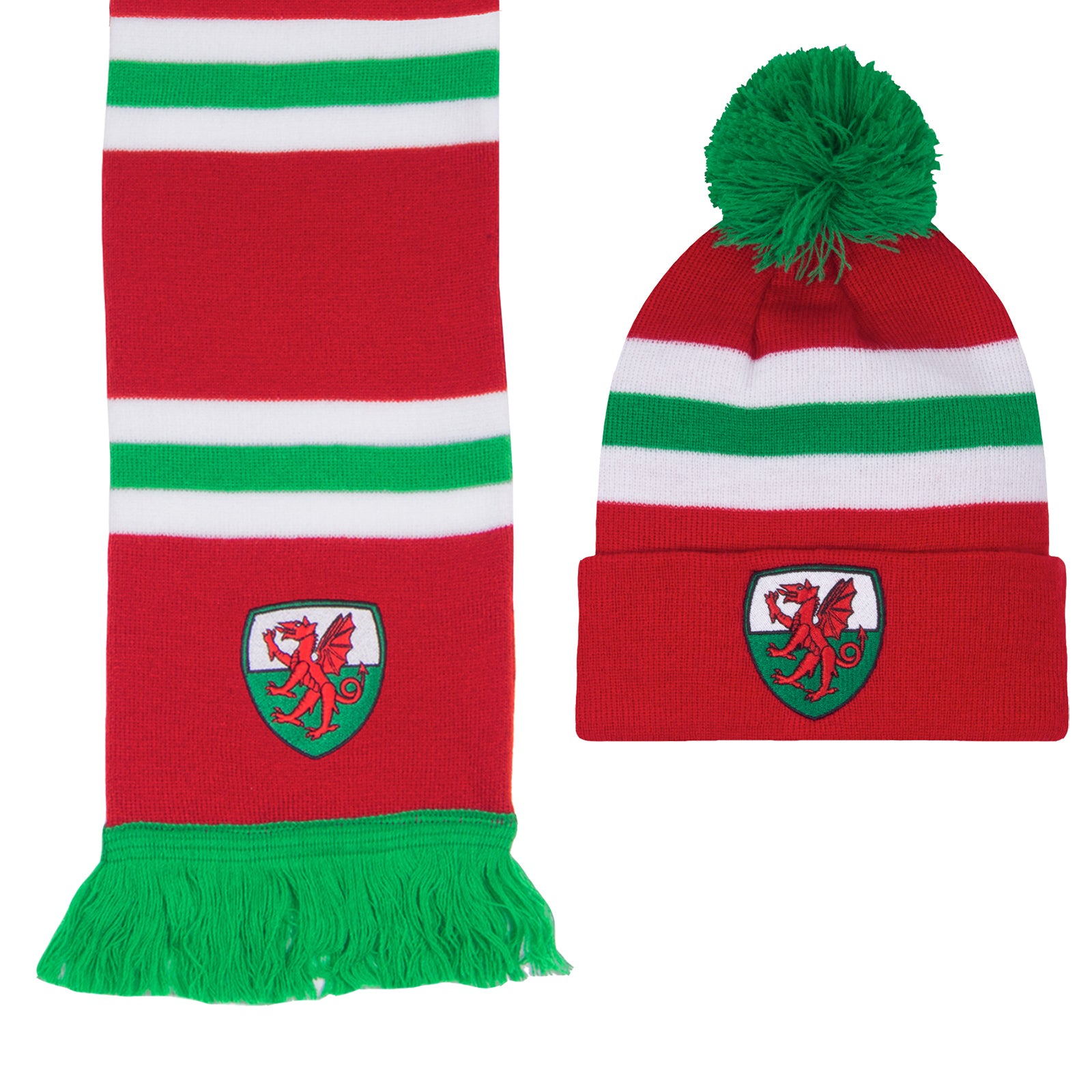 Wales football retro bobble hat & bar scarf set in red, white & green