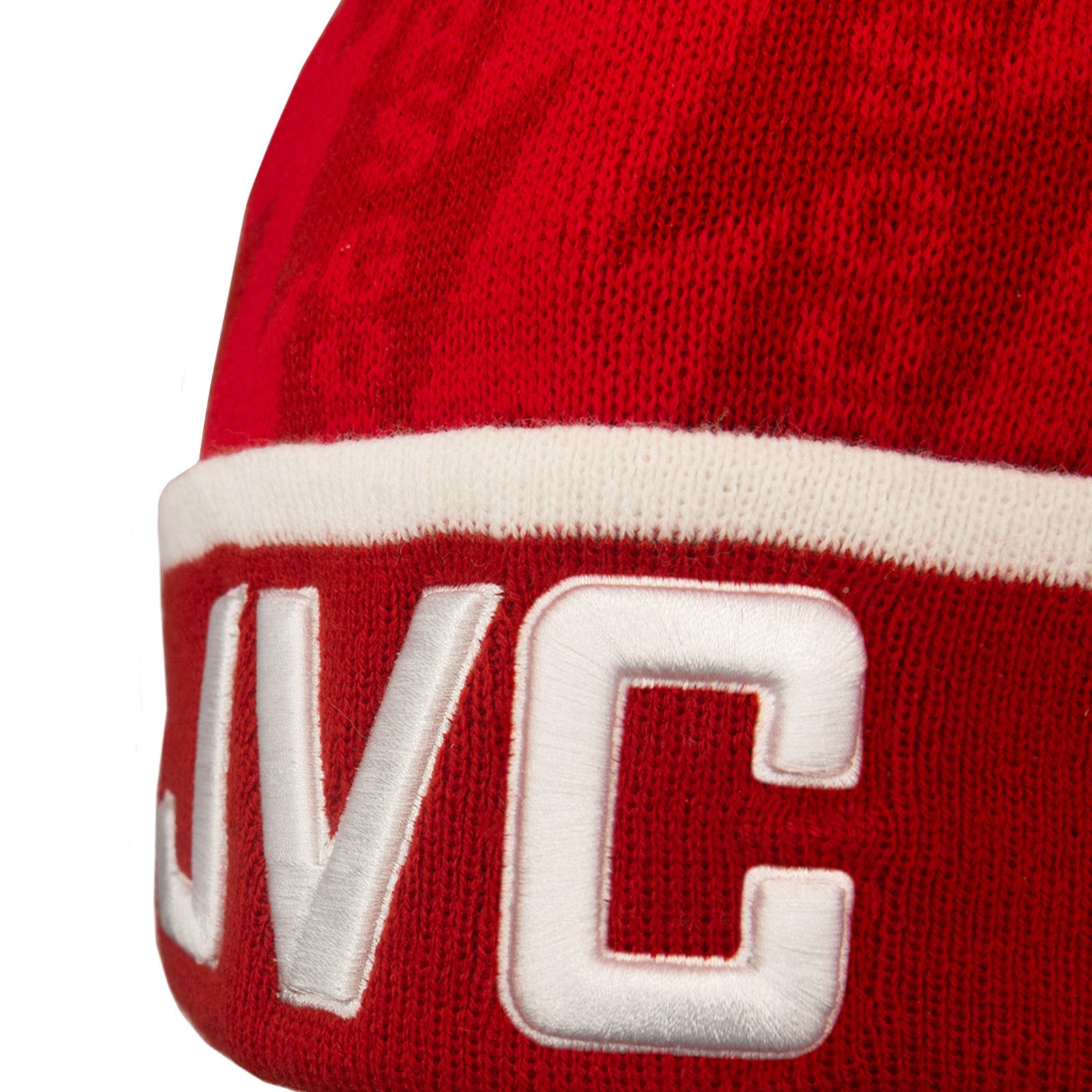Arsenal retro knitted bobble hat in red with text to front