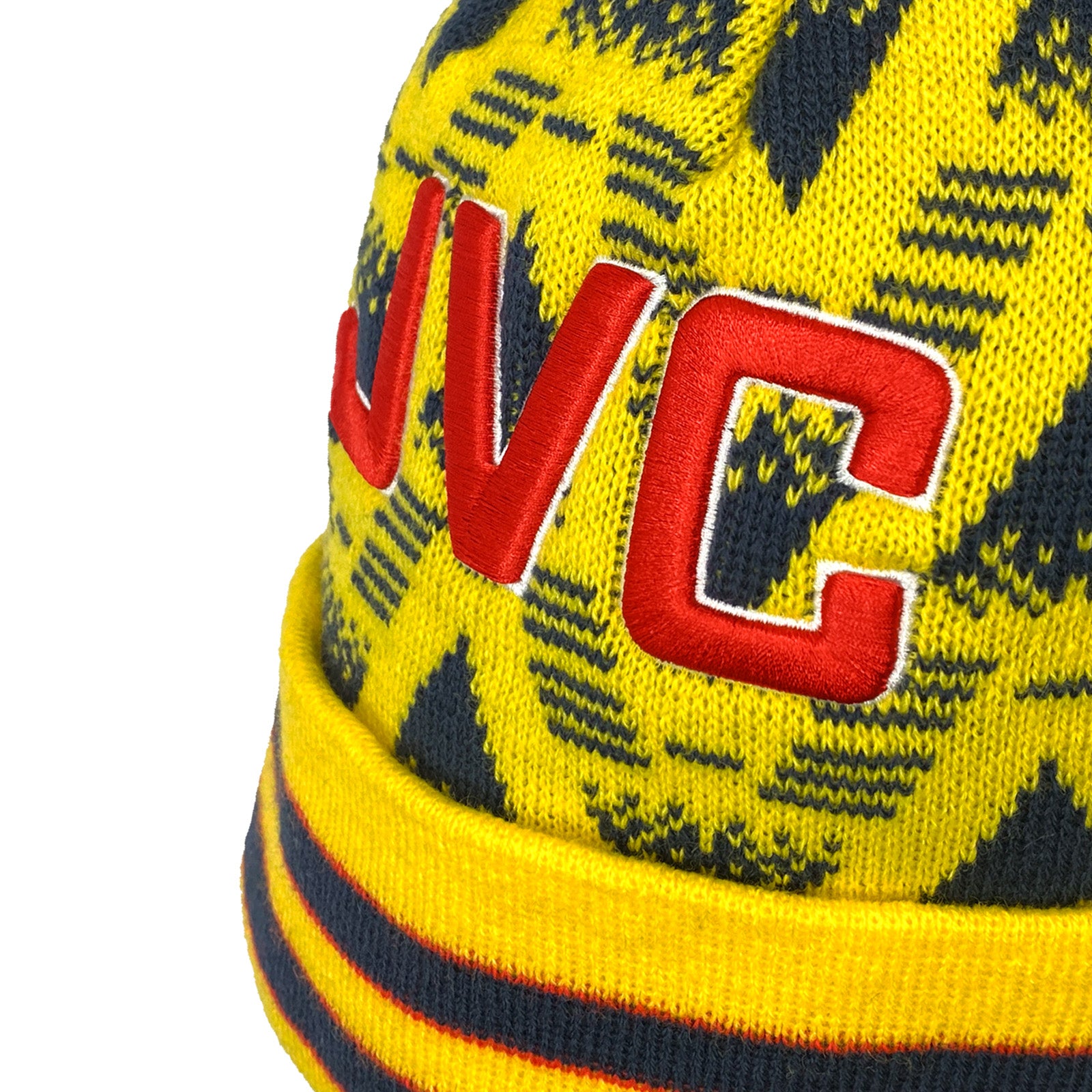 Arsenal retro knitted bobble hat in yellow with text to front
