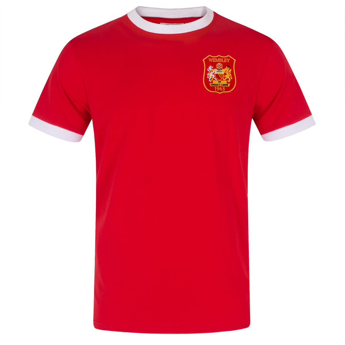 Man Utd adults retro T-shirt in red featuring Manchester and Wembley 63 crest