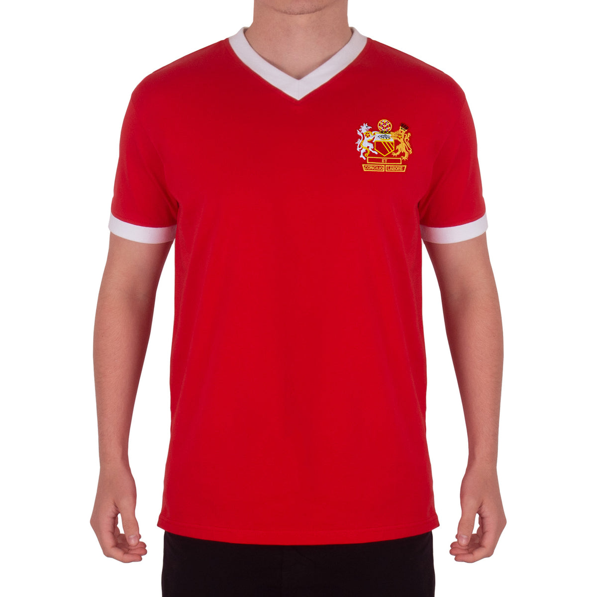 Man Utd adults retro T-shirt v-neck in Red featuring Manchester crest to front