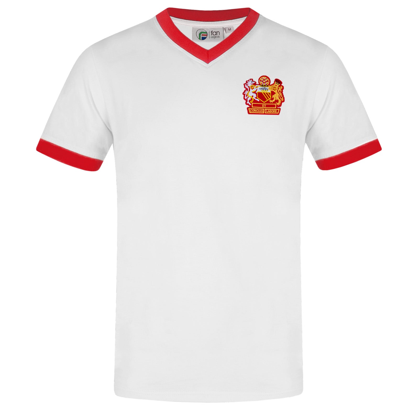 Man Utd adults retro T-shirt v-neck in white featuring Manchester crest to front