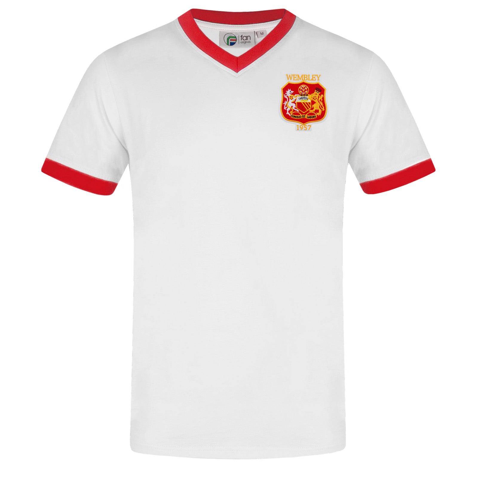 Man Utd adults retro T-shirt v-neck in white featuring Manchester and Wembley 57 crest