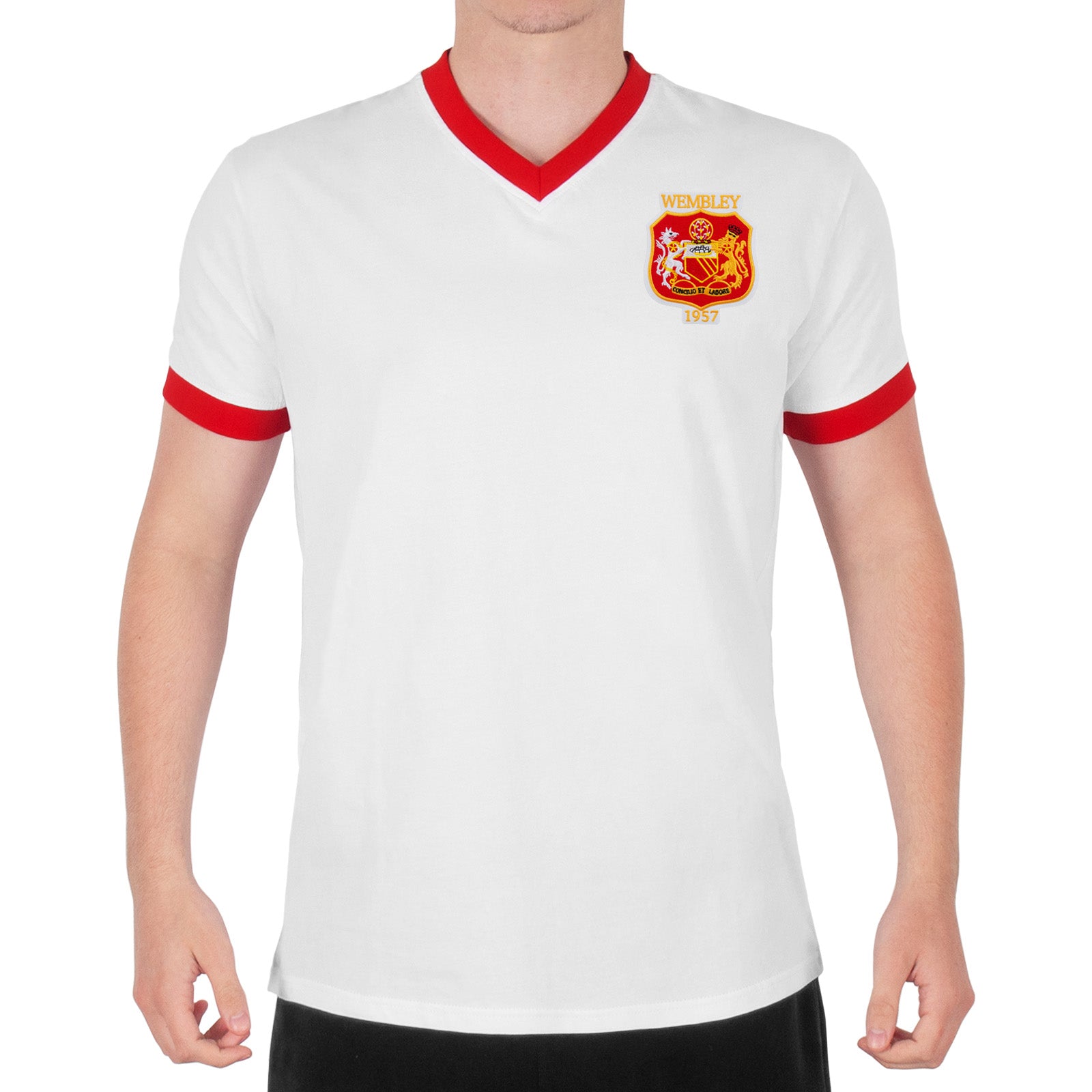 Man Utd adults retro T-shirt v-neck in white featuring Manchester and Wembley 57 crest