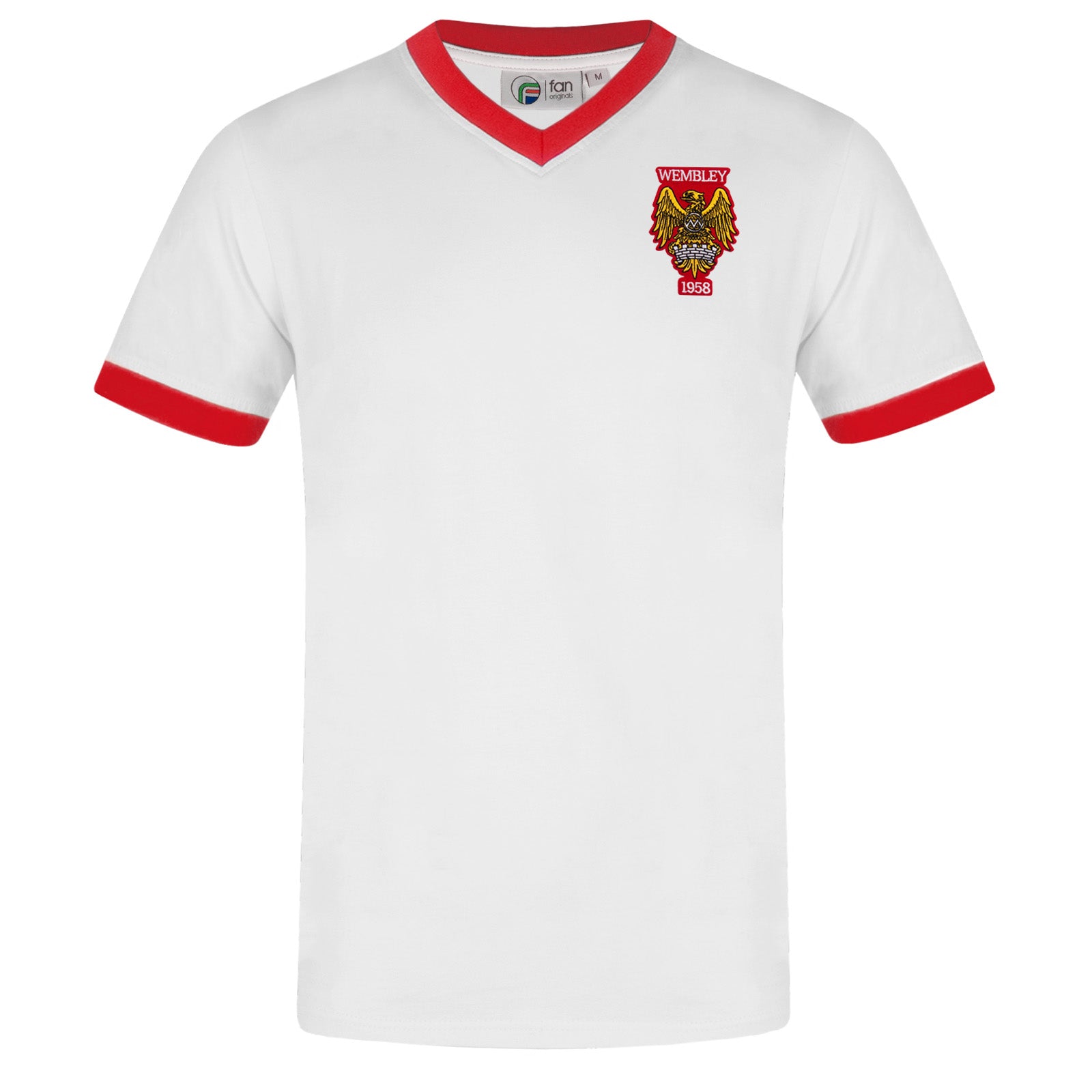 Man Utd adults retro T-shirt v-neck in white featuring Manchester and Wembley 58 crest
