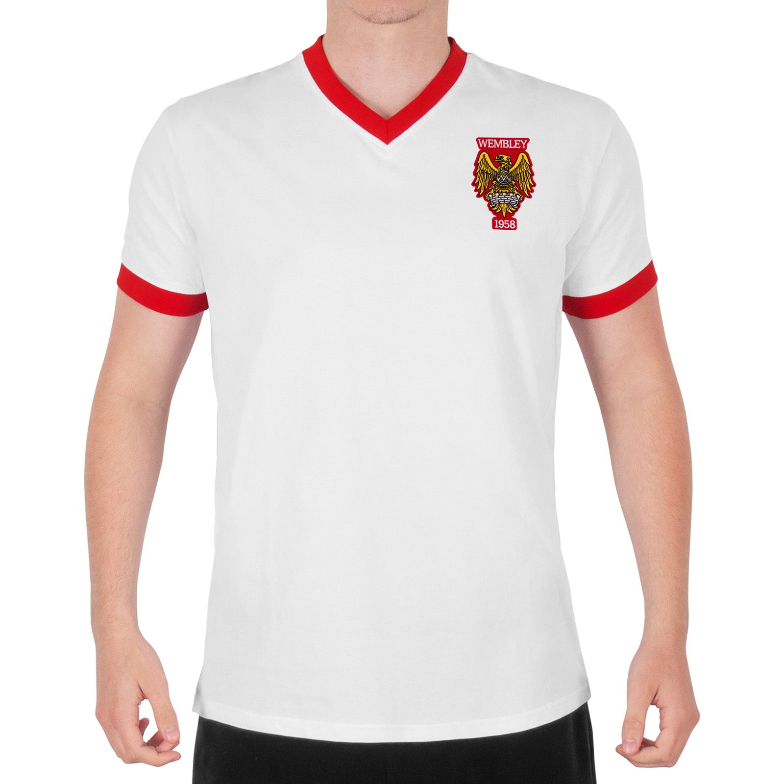 Man Utd adults retro T-shirt v-neck in white featuring Manchester and Wembley 58 crest