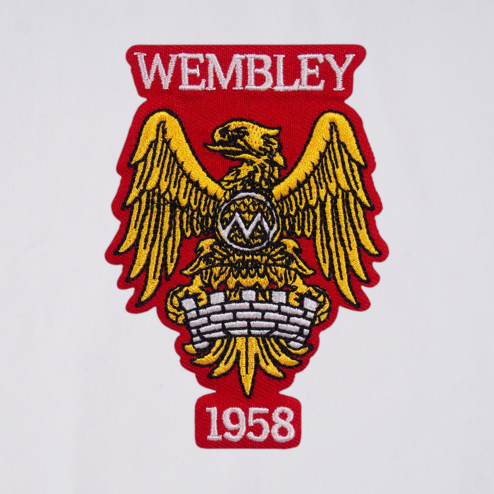 Man Utd adults retro T-shirt v-neck in white featuring Manchester and Wembley 58 crest