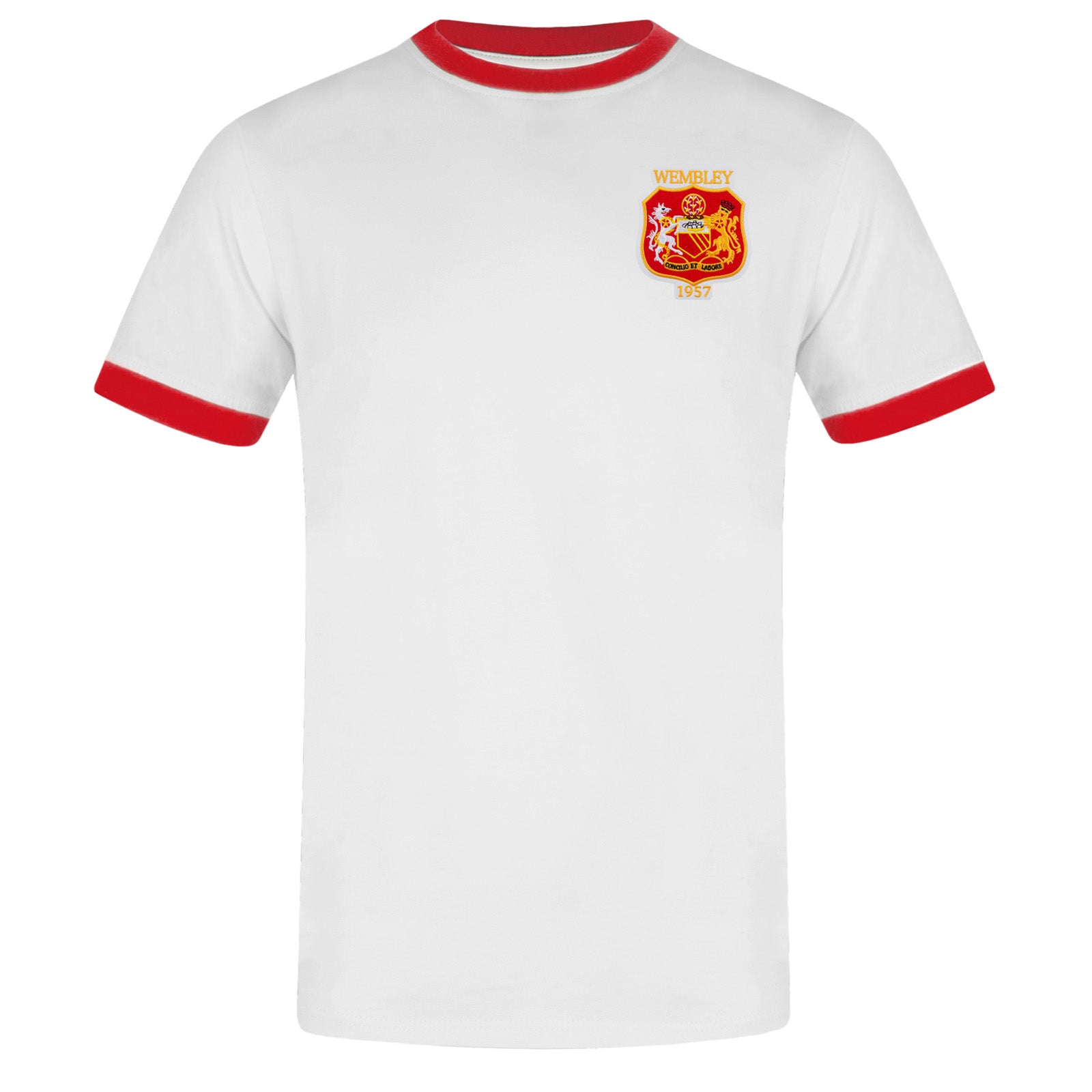 Man Utd adults retro T-shirt in white featuring Manchester and Wembley 57 crest