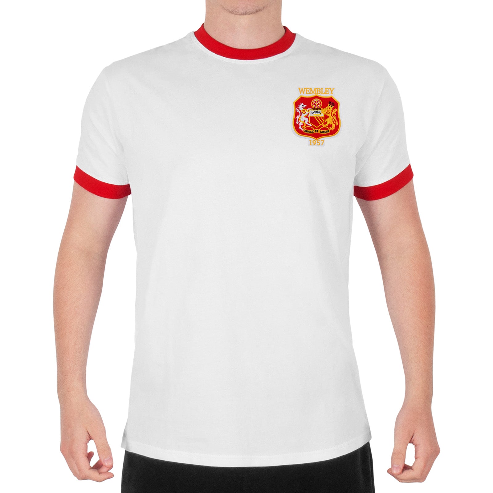 Man Utd adults retro T-shirt in white featuring Manchester and Wembley 57 crest