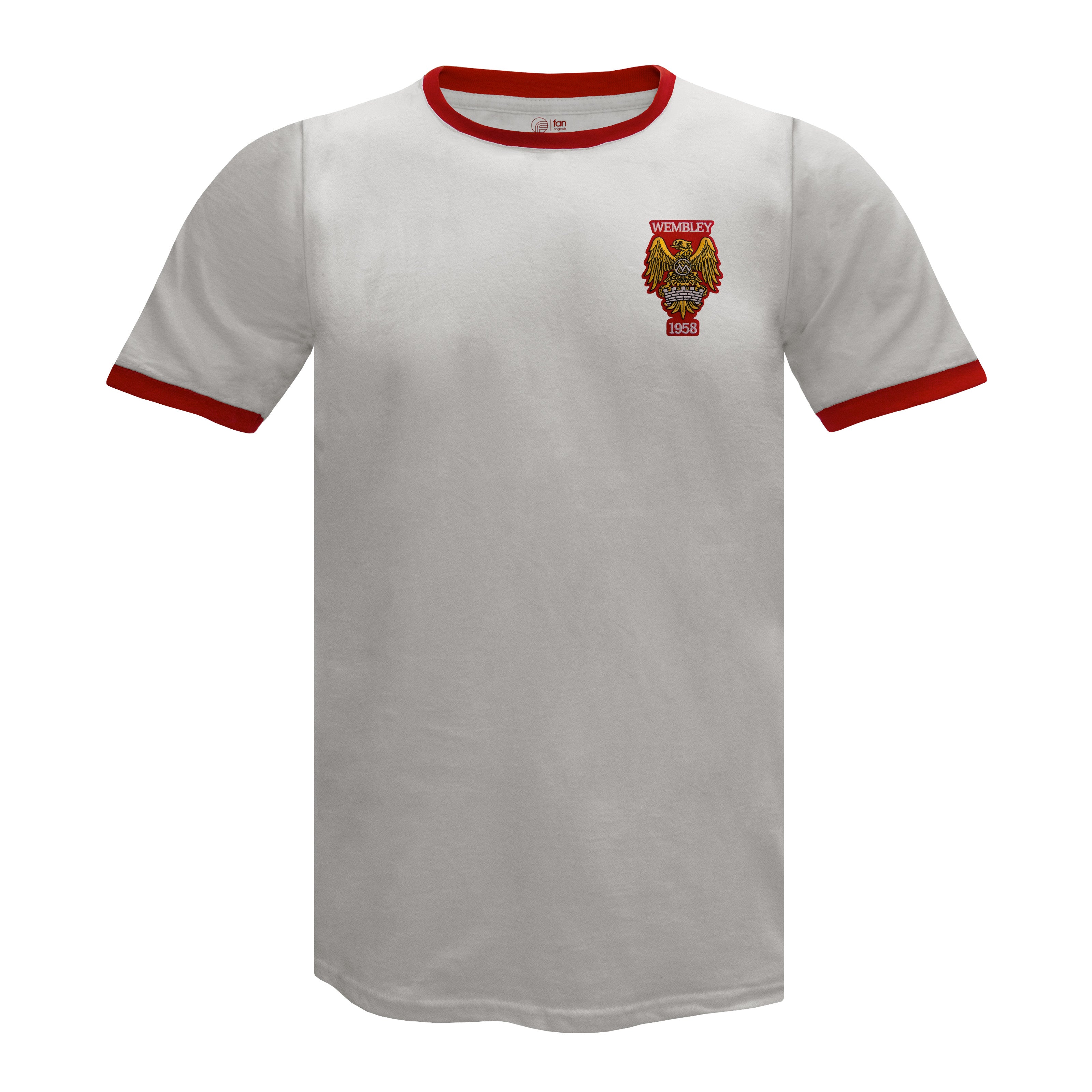 Man Utd adults retro T-shirt in white featuring Manchester and Wembley 58 crest