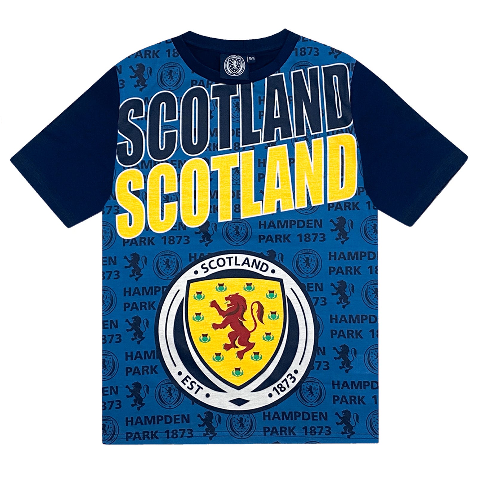 Scotland kids short pyjamas in navy blue. Short sleeved top & shorts with Scotland crest & text print