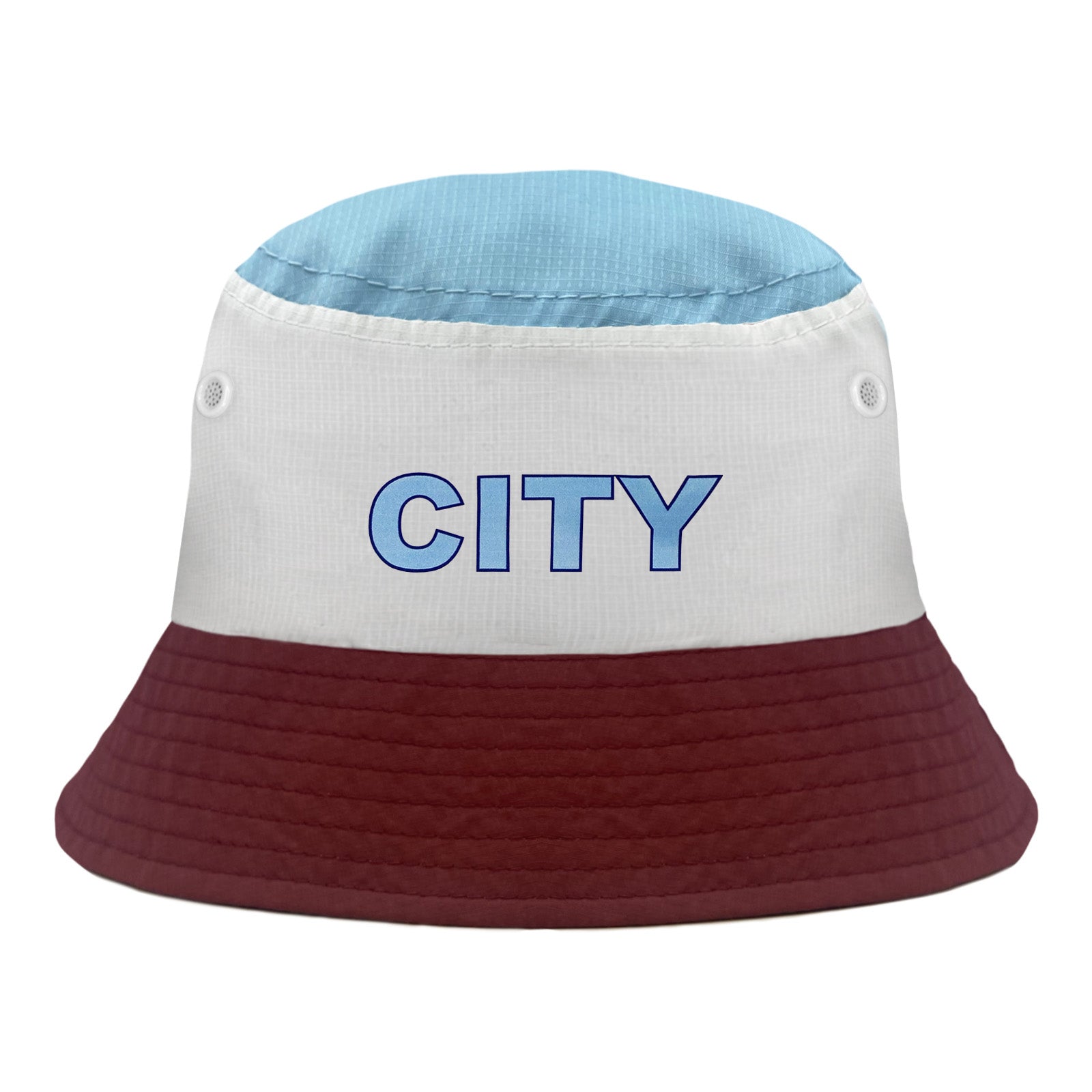 Man City bucket hat in claret, white & blue with text