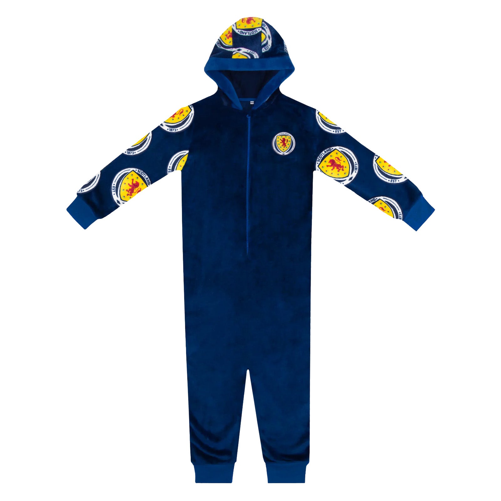 Scotland kids all-in-one hooded fleece with all over print team crest.