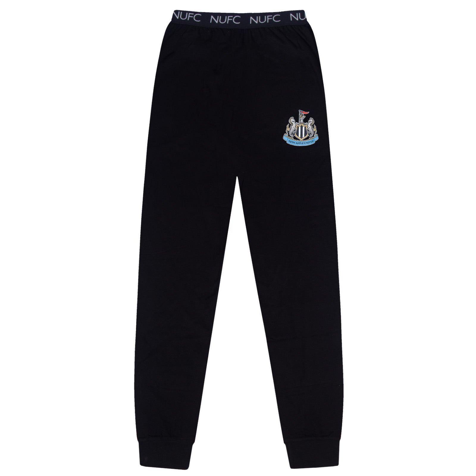 Newcastle adults long pyjamas in black. Short sleeve top with club crest to chest and long bottoms with club crest