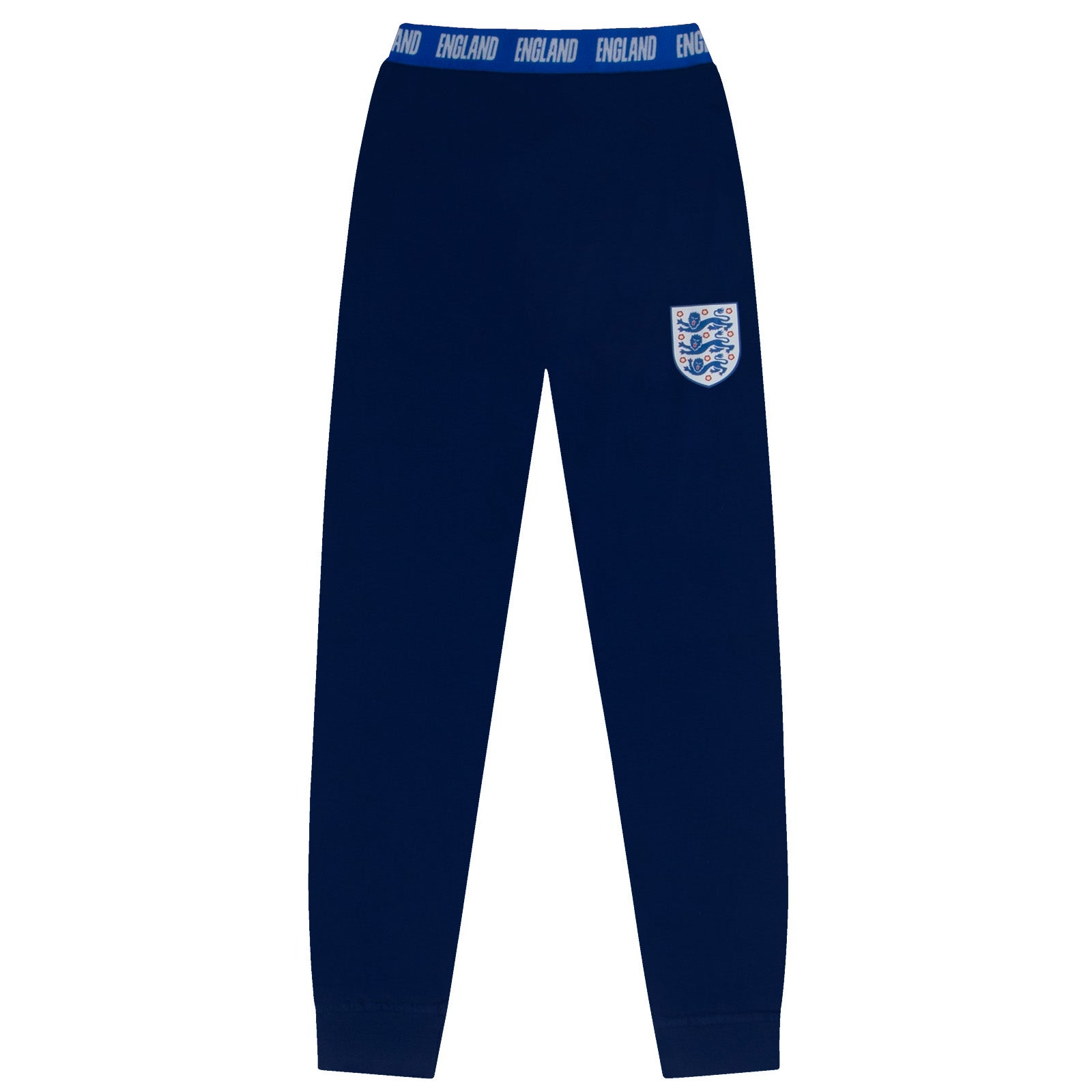England adults premium pyjamas in navy blue. Short-sleeved t-shirt and full-length bottoms featuring the three lions national team crest plus 'ENGLAND' text to the waistband