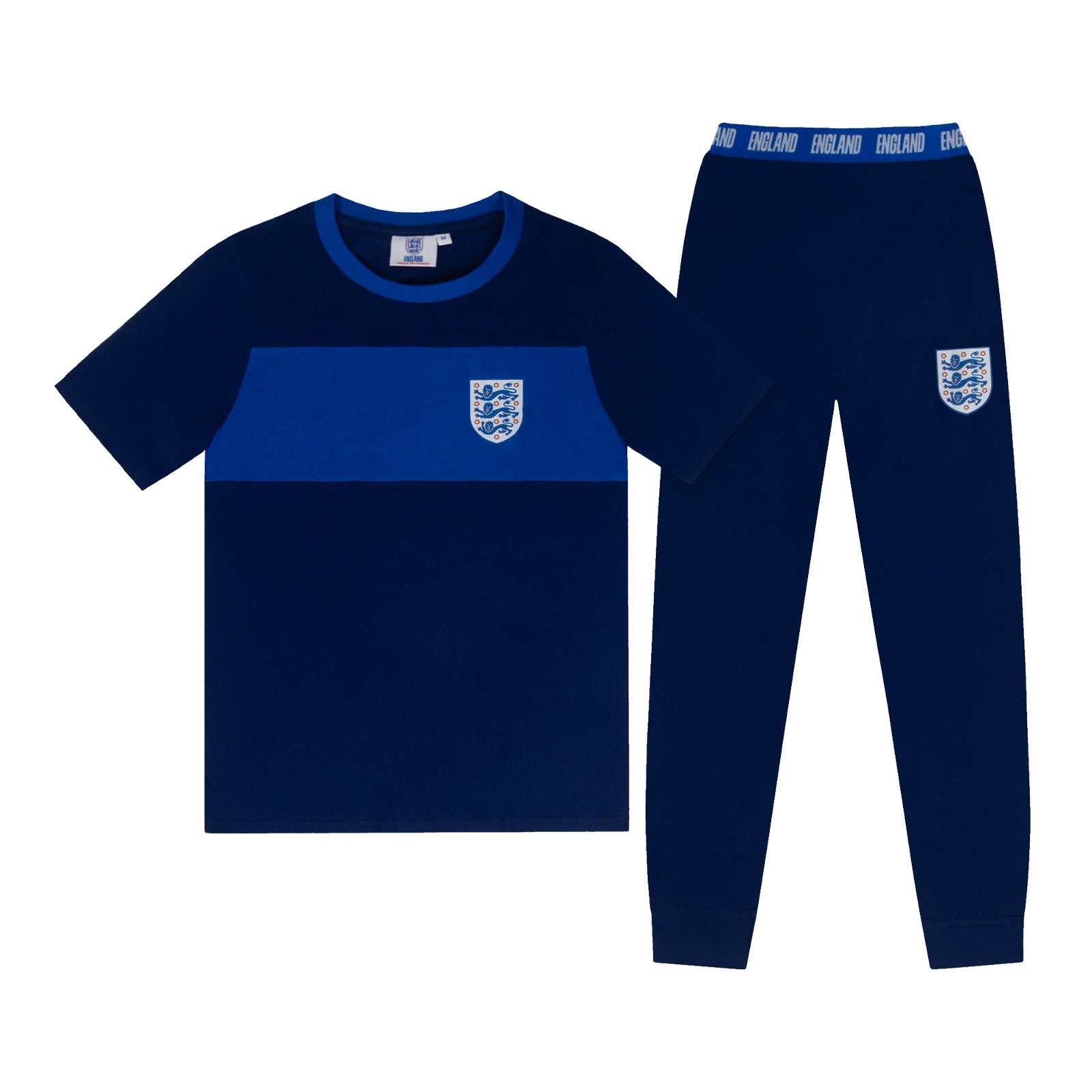 England adults premium pyjamas in navy blue. Short-sleeved t-shirt and full-length bottoms featuring the three lions national team crest plus 'ENGLAND' text to the waistband
