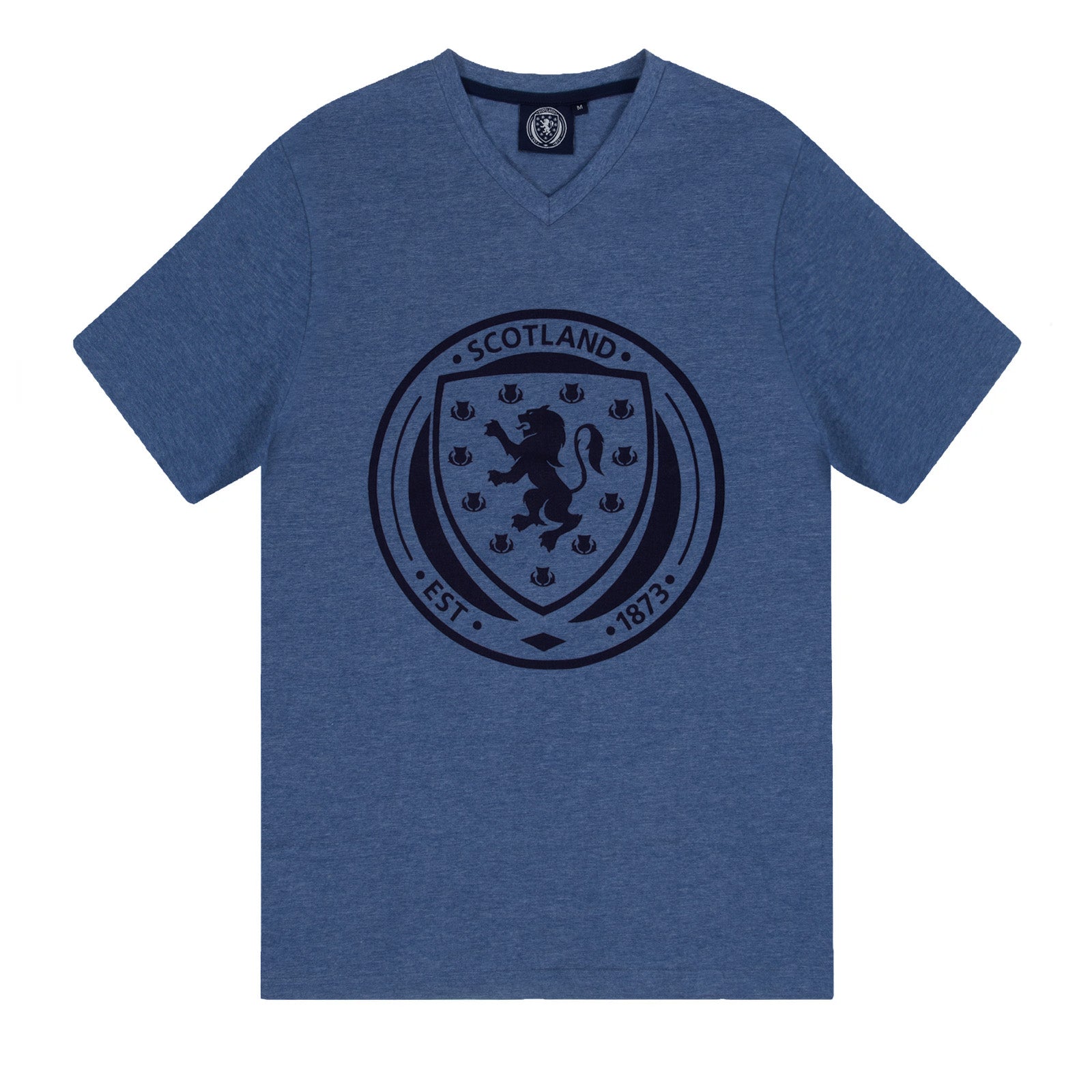 Scotland adults short pyjamas in navy marl. T-shirt and shorts set featuring the scottish FA team crest plus 'SCOTLAND' text to the waistband