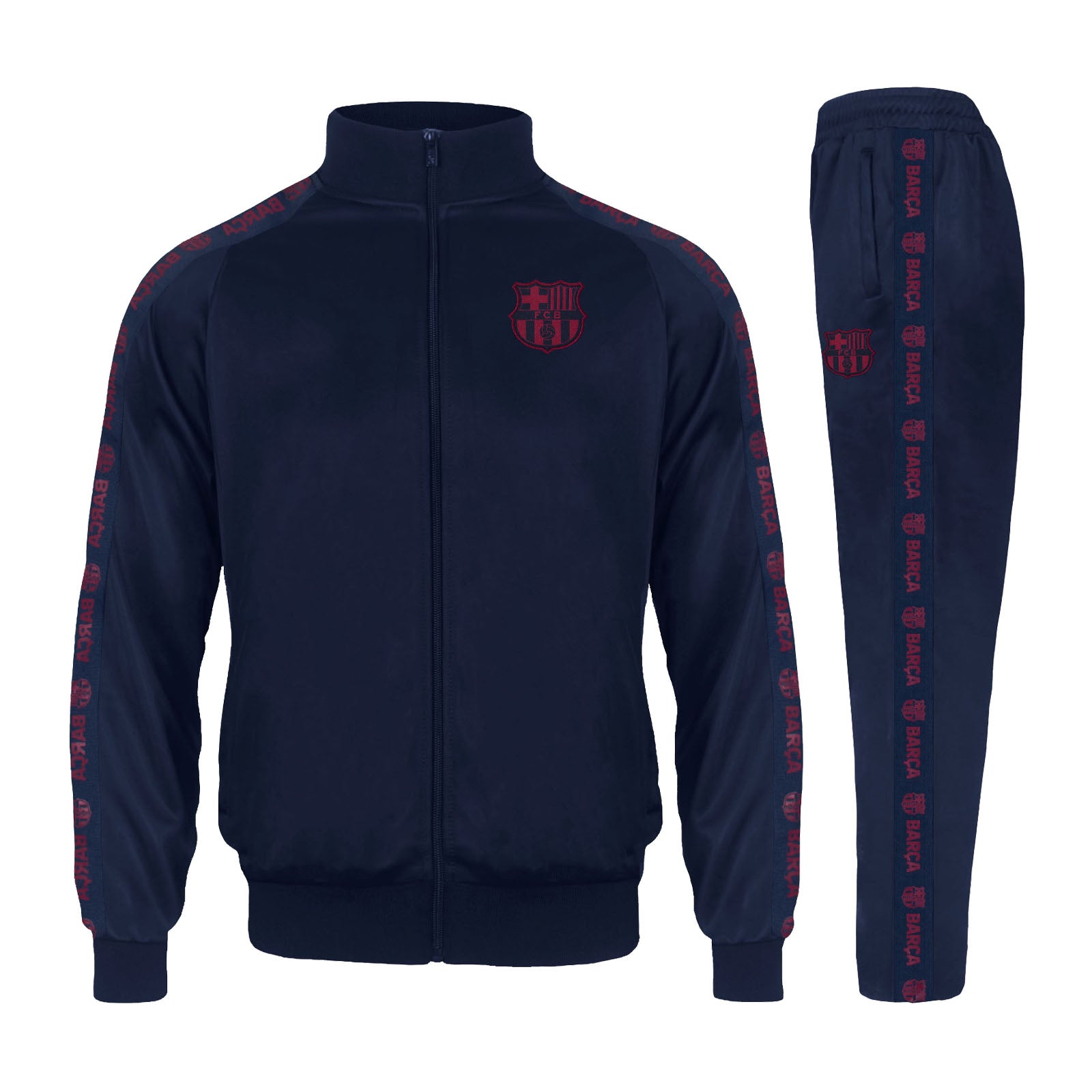 FC Barcelona kids taped tracksuit in navy blue with club crest and text to both top & pants