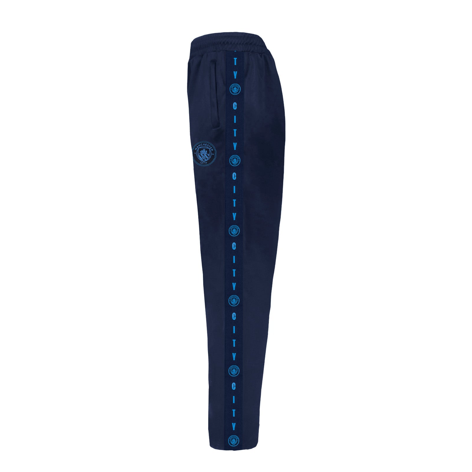 Manchester City kids taped tracksuit in navy blue with club crest and text to both top & pants