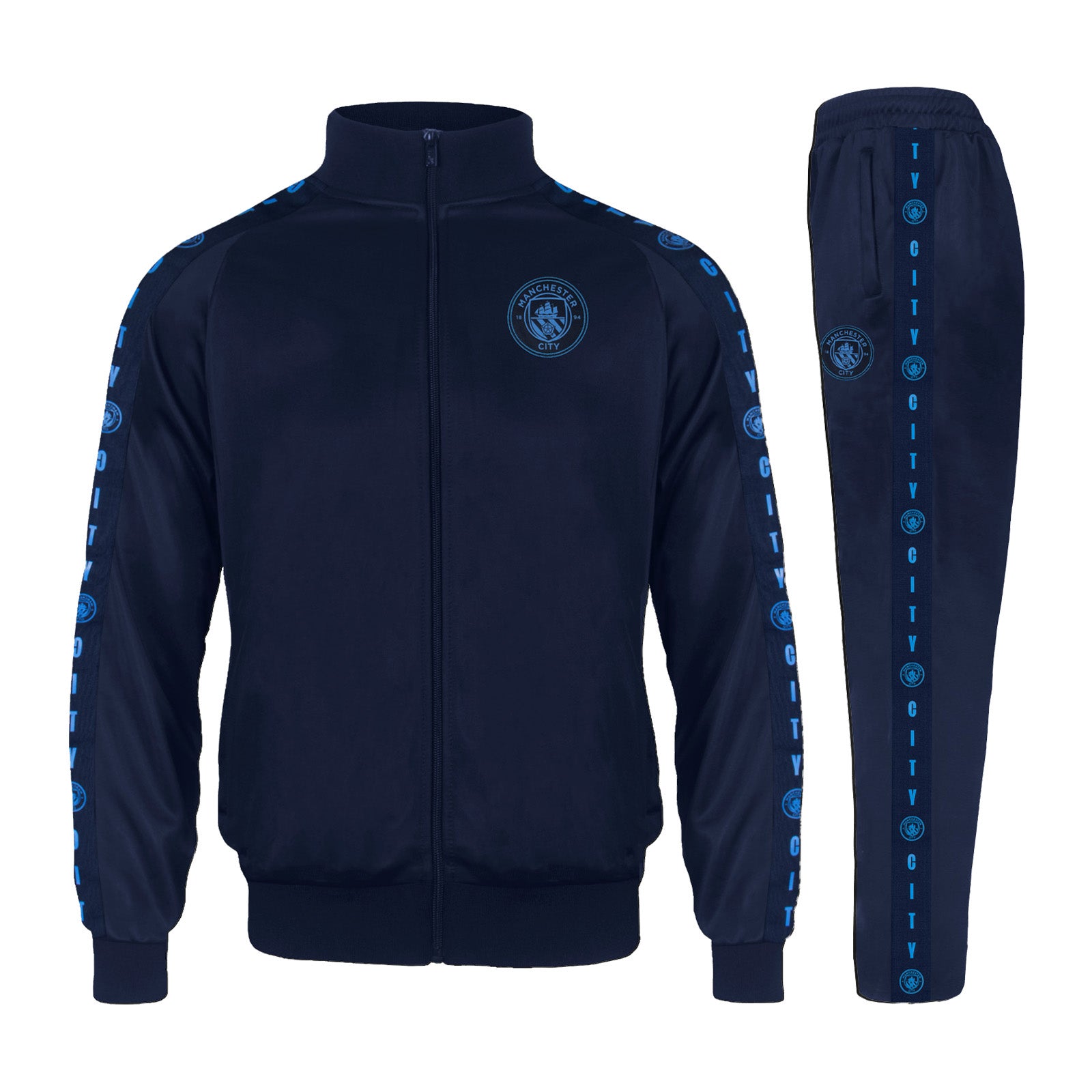 Manchester City kids taped tracksuit in navy blue with club crest and text to both top & pants
