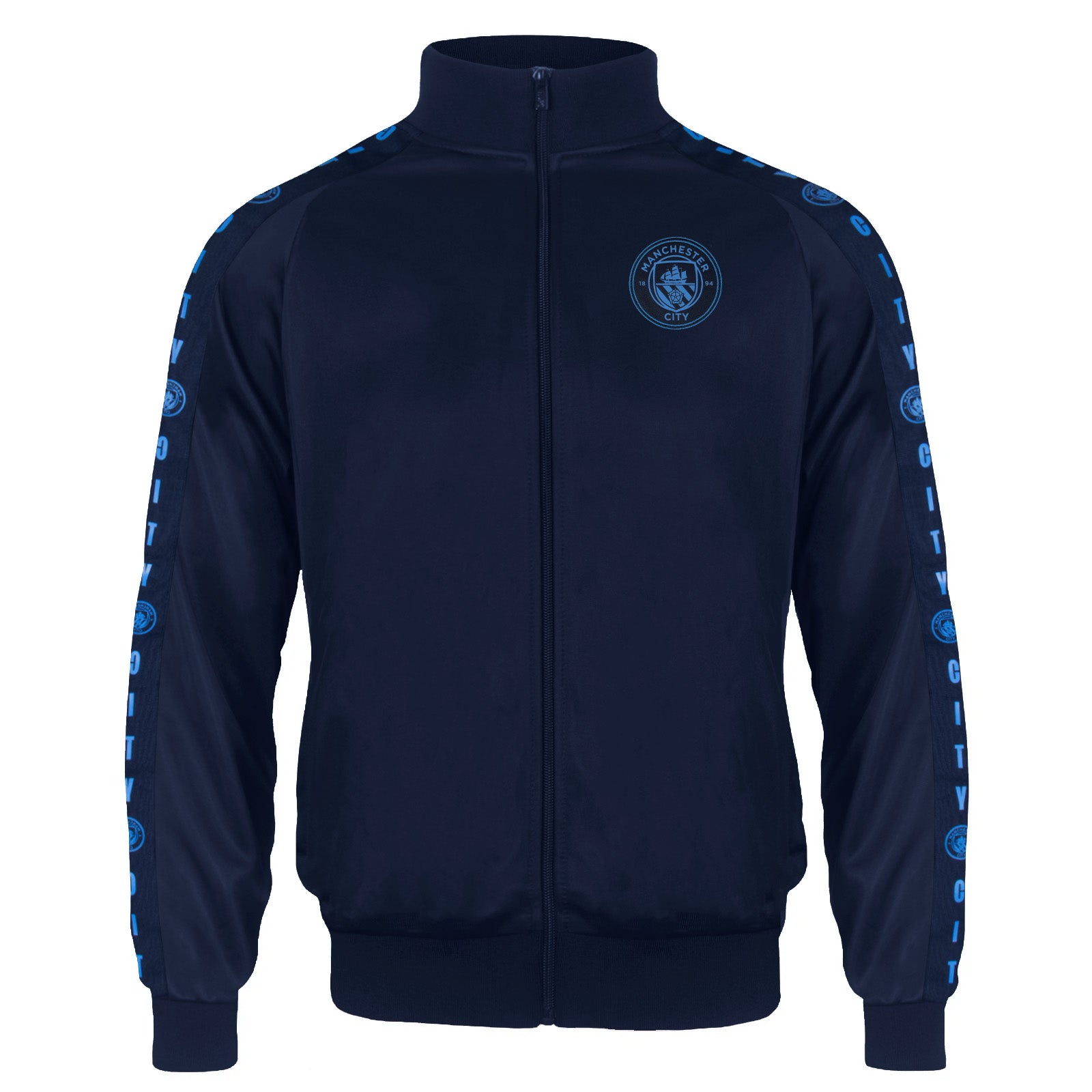 Manchester City kids taped tracksuit in navy blue with club crest and text to both top & pants