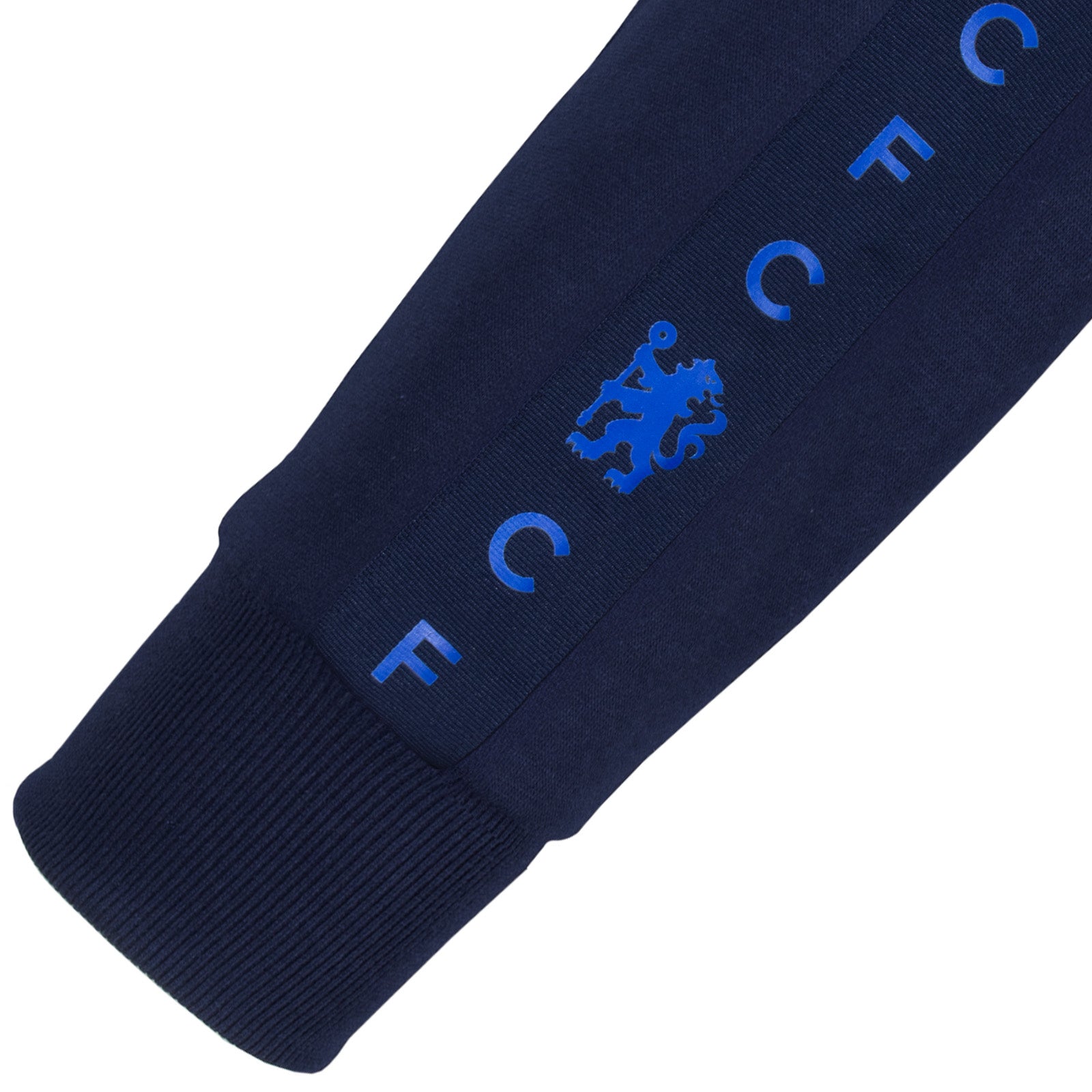 Chelsea adults taped sweatshirt in navy blue with club crest to chest and text to sleeves.