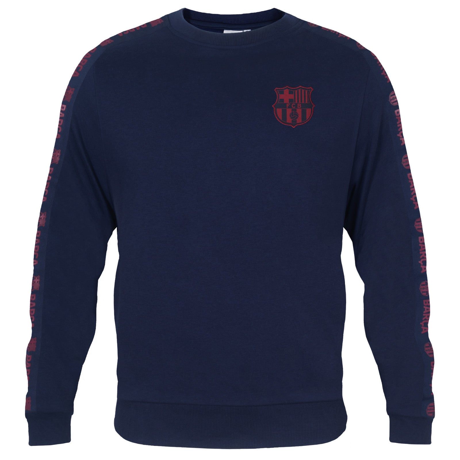 FC Barcelona adults taped sweatshirt in navy blue with club crest to chest and text to sleeves.