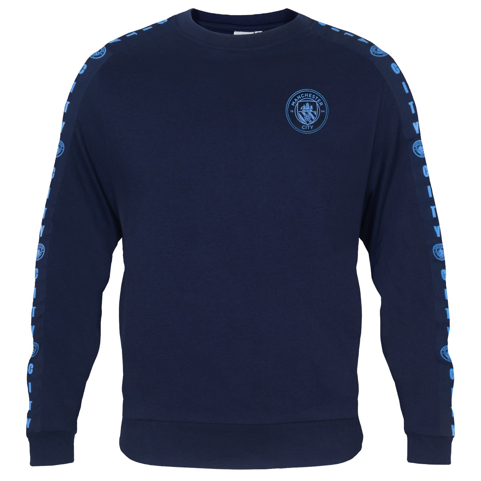 Manchester City adults taped sweatshirt in navy blue with club crest to chest and text to sleeves.