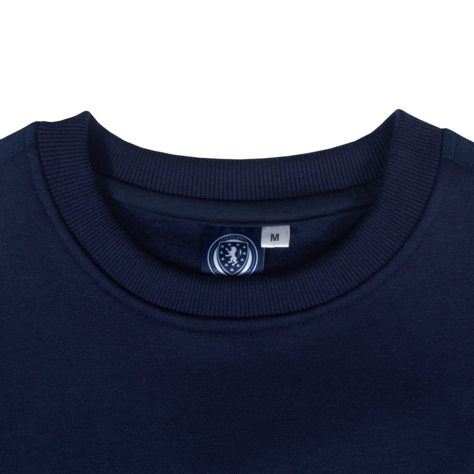 Scotland adults taped sweatshirt in navy blue with national team crest to chest and text to sleeves.