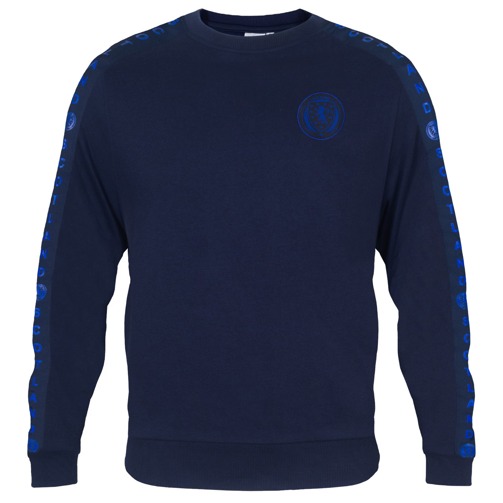 Scotland adults taped sweatshirt in navy blue with club crest to chest and text to sleeves.