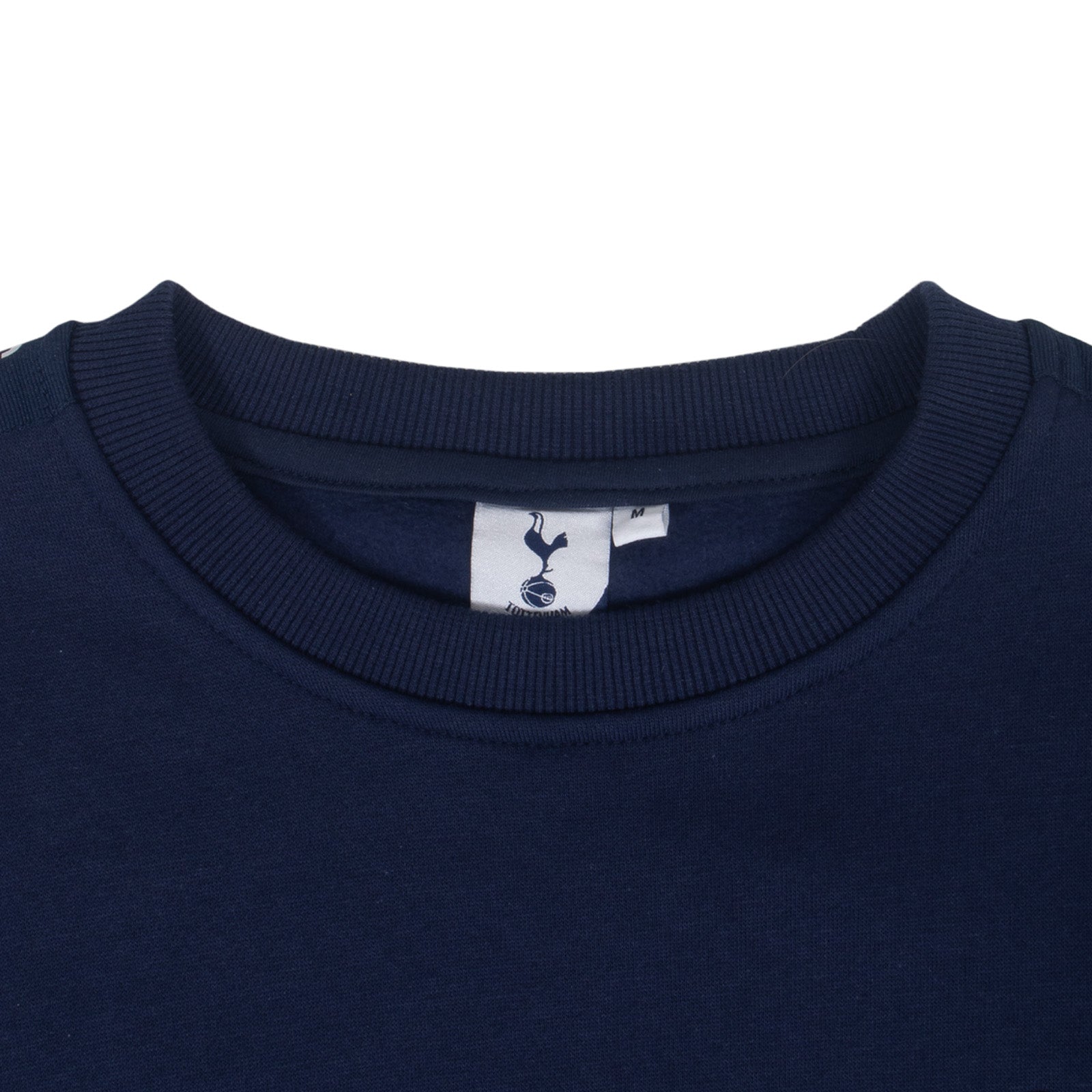 Tottenham Hotspur adults taped sweatshirt in navy blue with club crest to chest and text to sleeves.