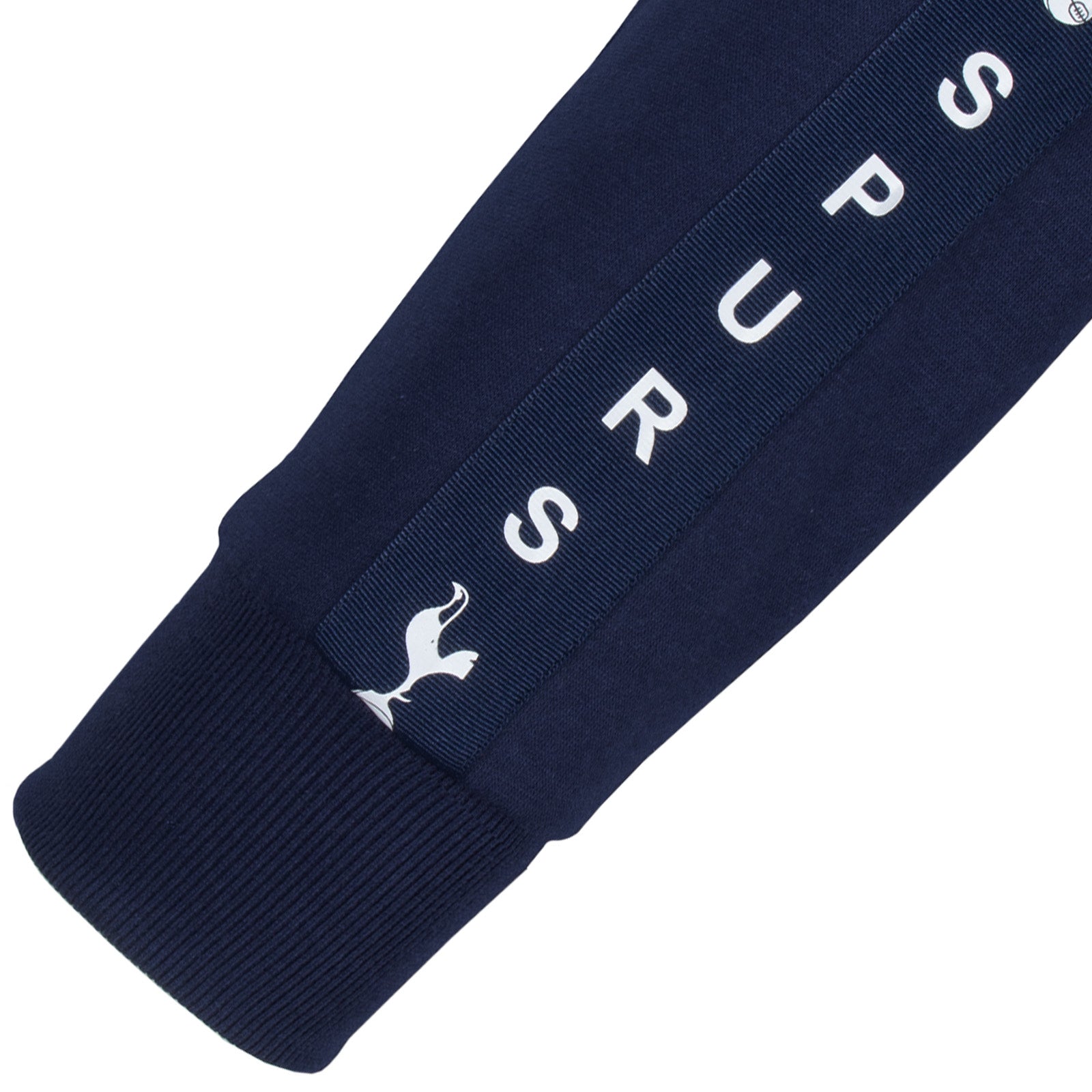 Tottenham Hotspur adults taped sweatshirt in navy blue with club crest to chest and text to sleeves.
