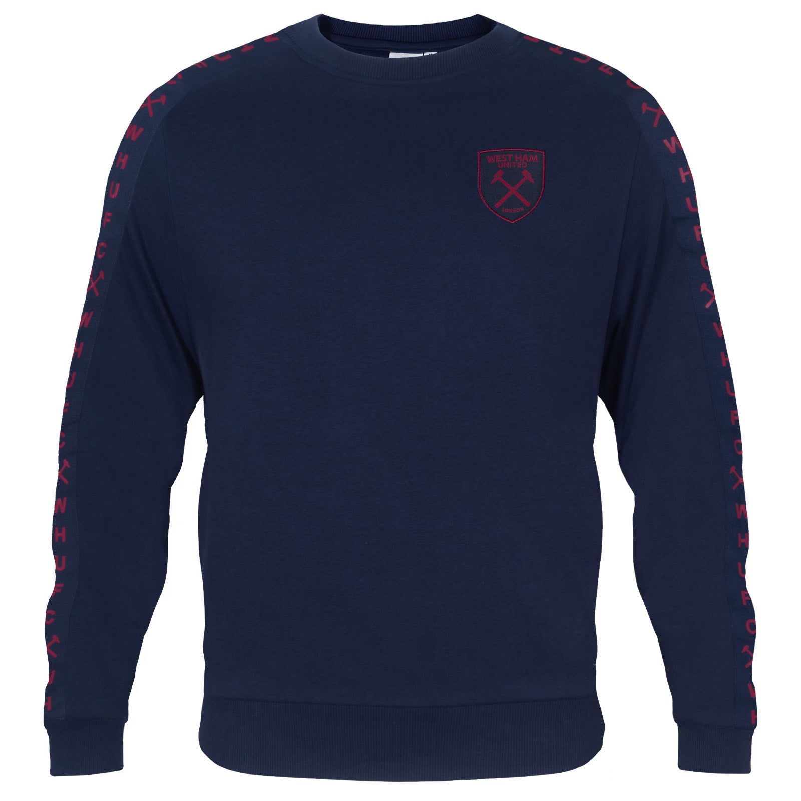 West Ham United adults taped sweatshirt in navy blue with club crest to chest and text to sleeves.