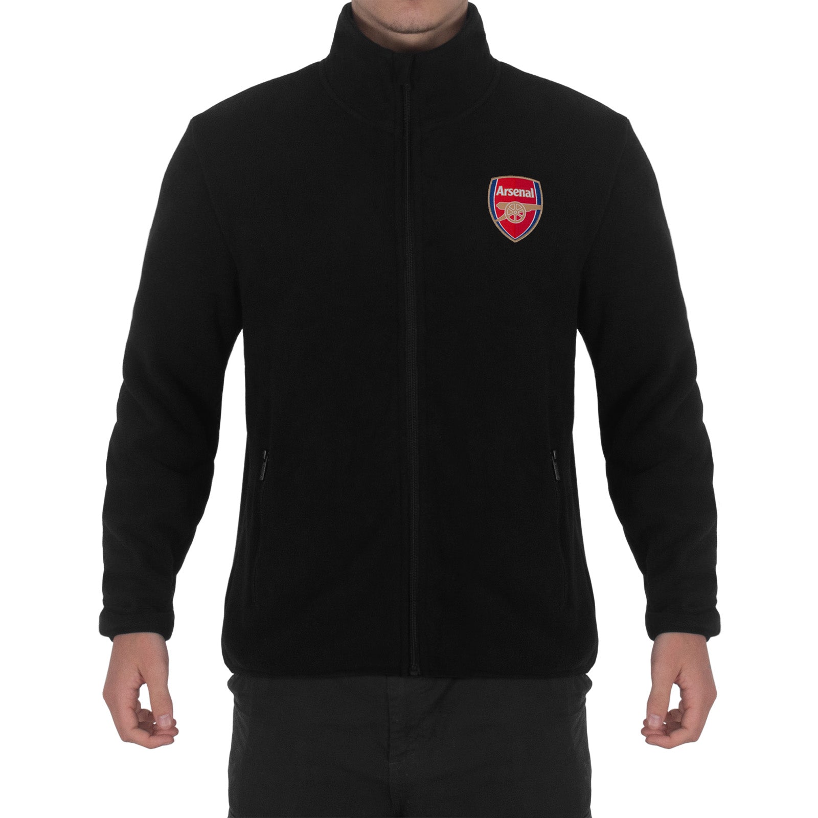 Arsenal adults microfleece jacket in black with a woven club crest to chest.