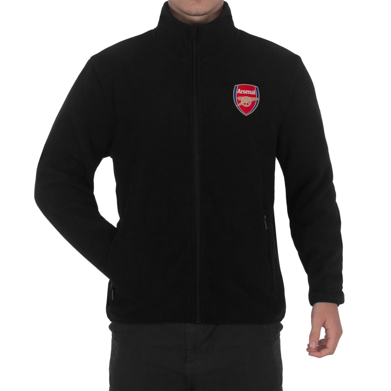 Arsenal adults microfleece jacket in black with a woven club crest to chest.