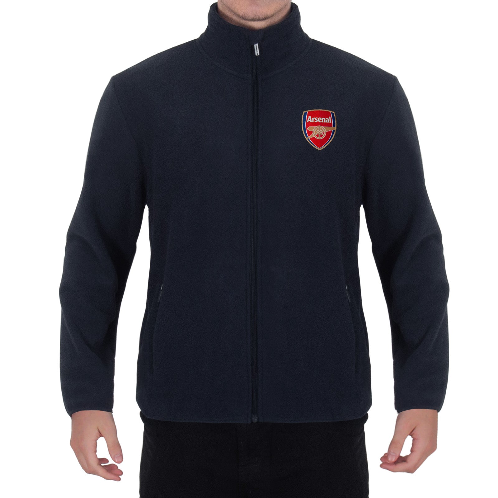 Arsenal adults microfleece jacket in navy with a woven club crest to chest.