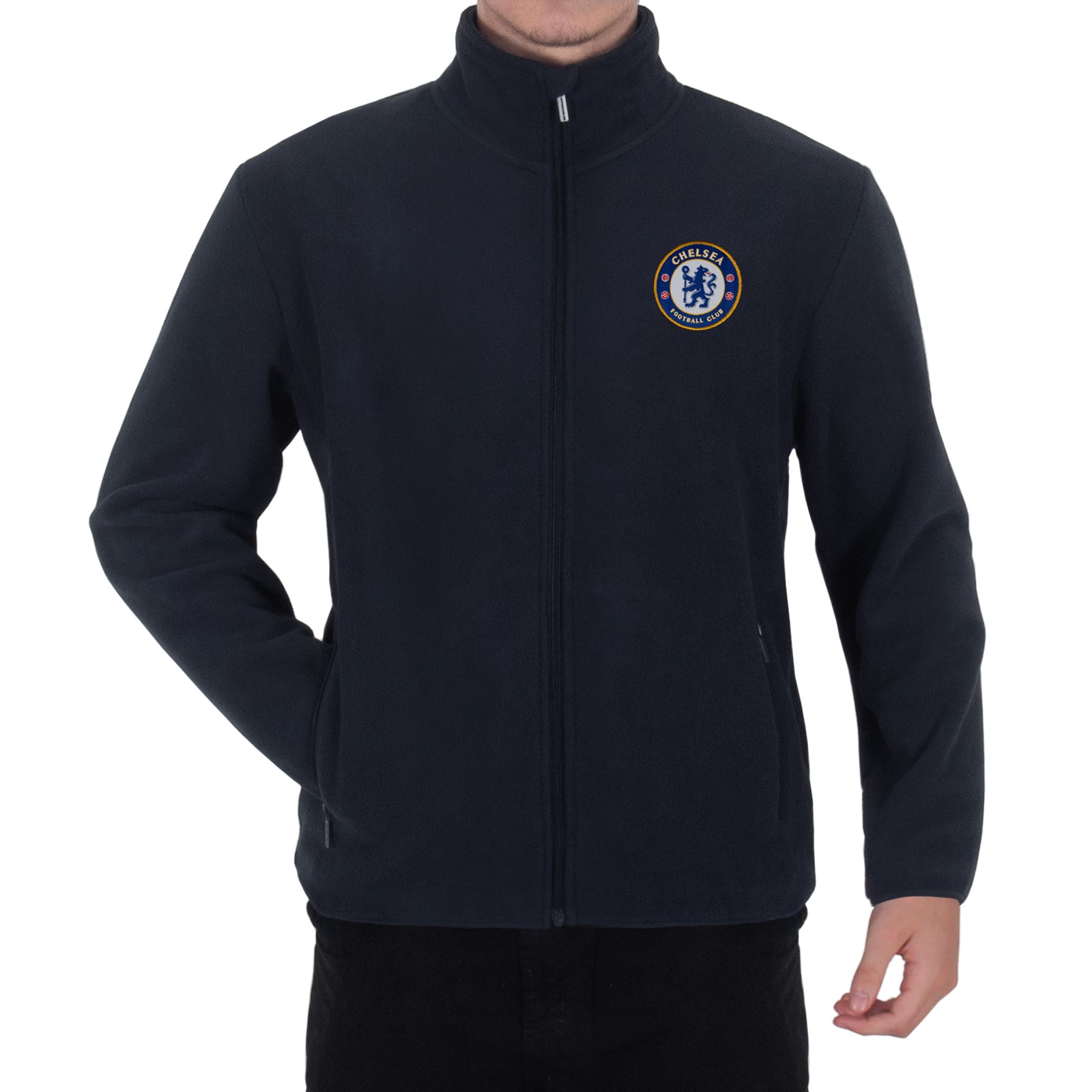 Chelsea adults microfleece jacket in navy with a woven club crest to chest.