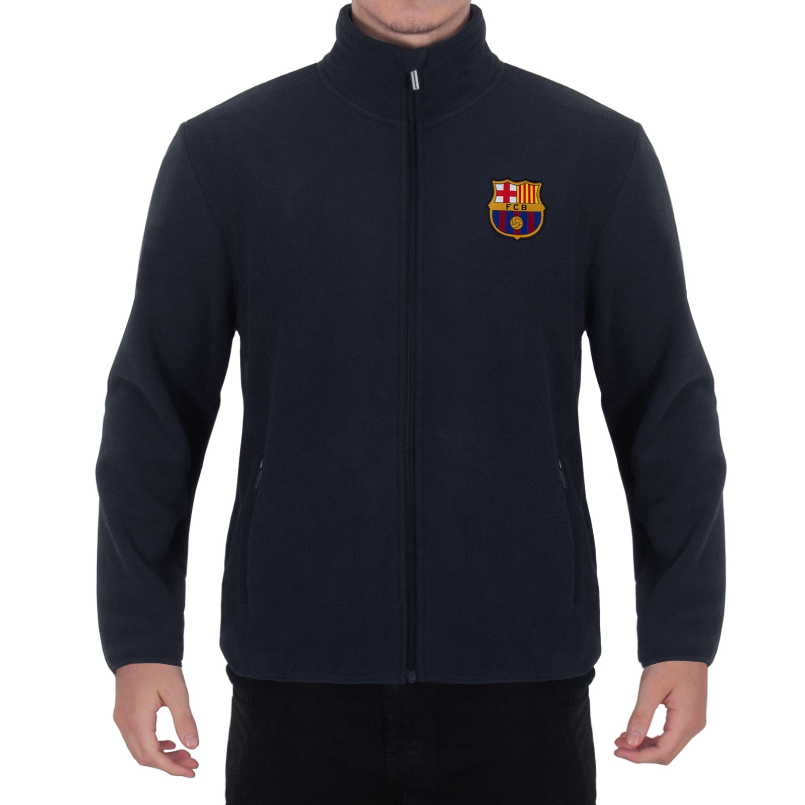 FC Barcelona adults microfleece jacket in navy with a woven club crest to chest.