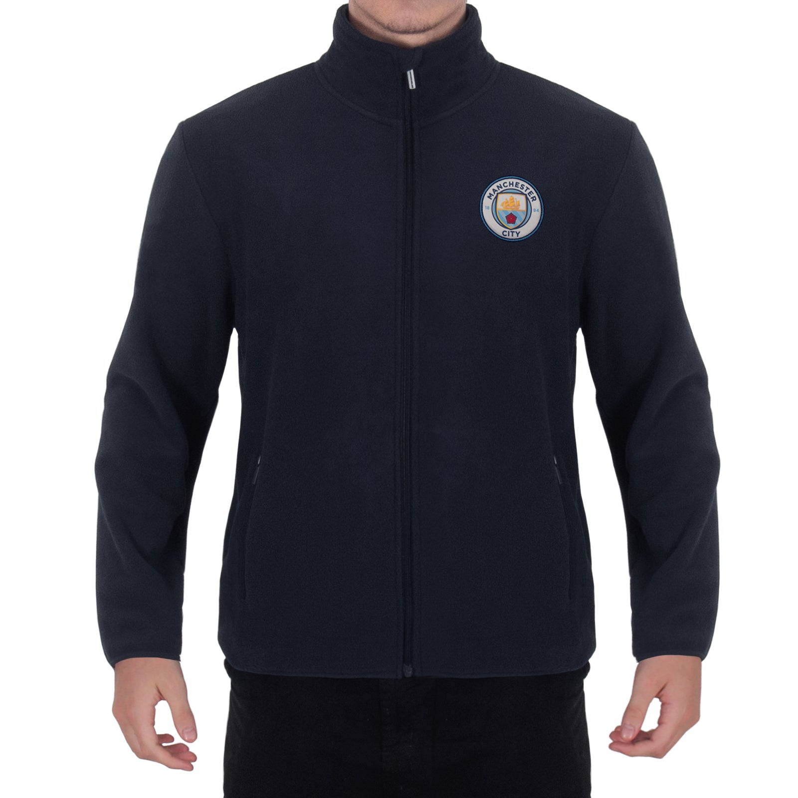 Manchester City adults microfleece jacket in navy with a woven club crest to chest.