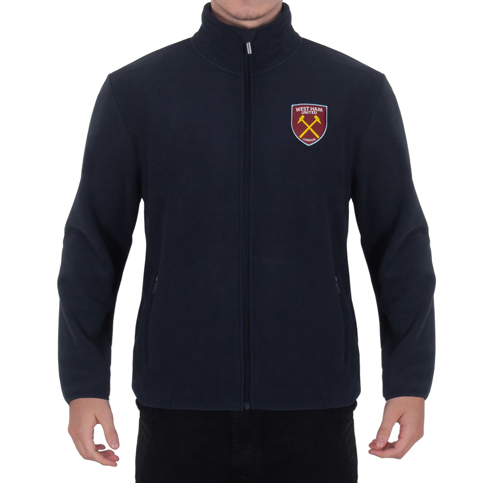West Ham United adults microfleece jacket in navy with a woven club crest to chest.