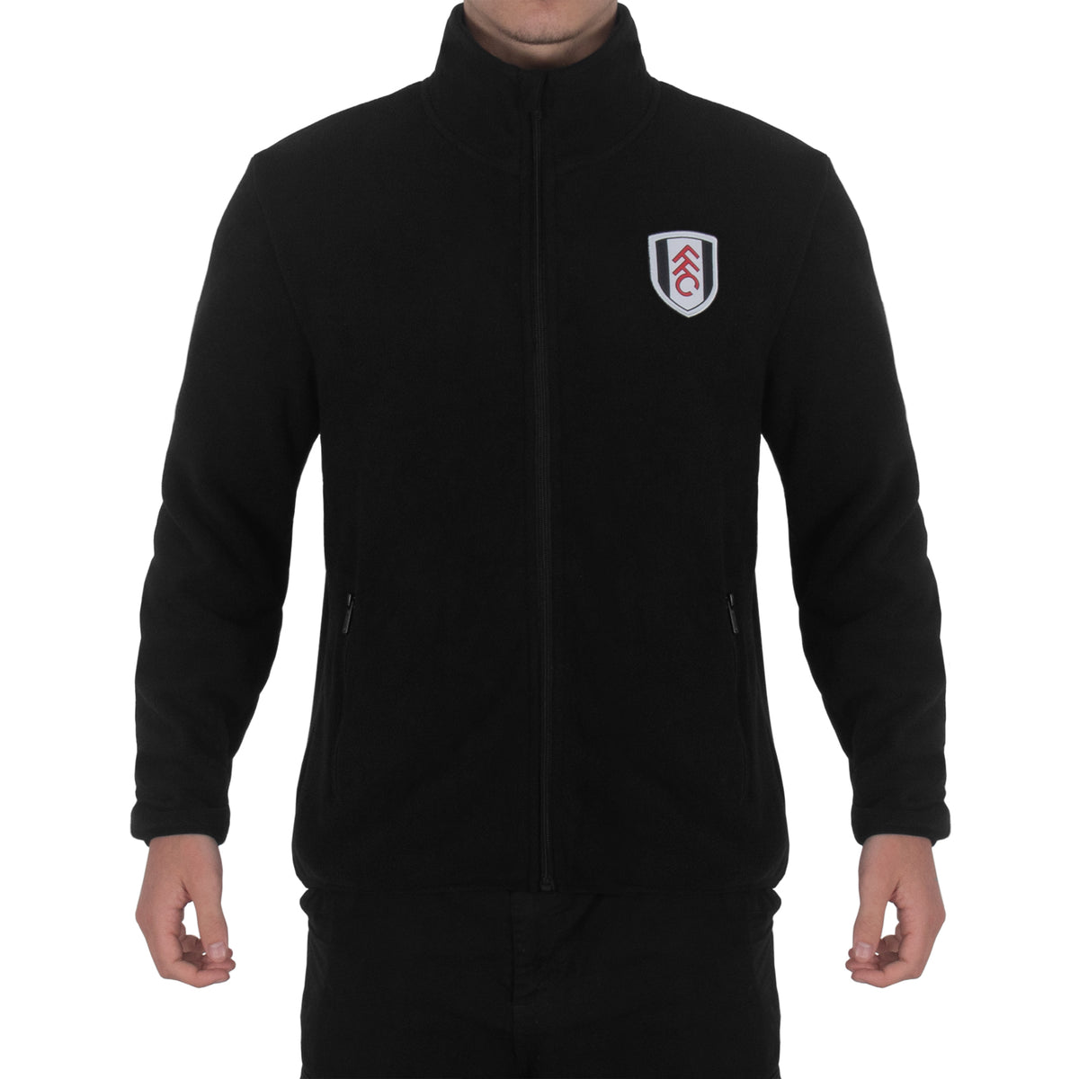 Fulham adults microfleece jacket in black with a woven club crest to chest.