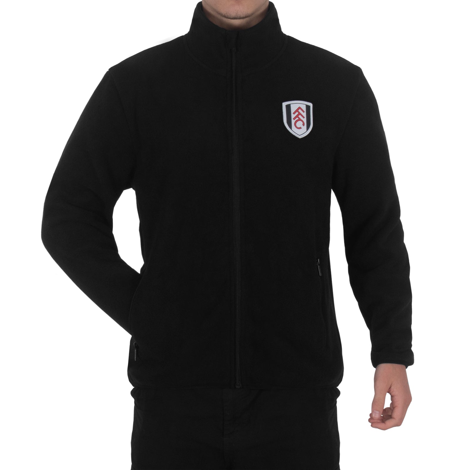 Fulham adults microfleece jacket in black with a woven club crest to chest.