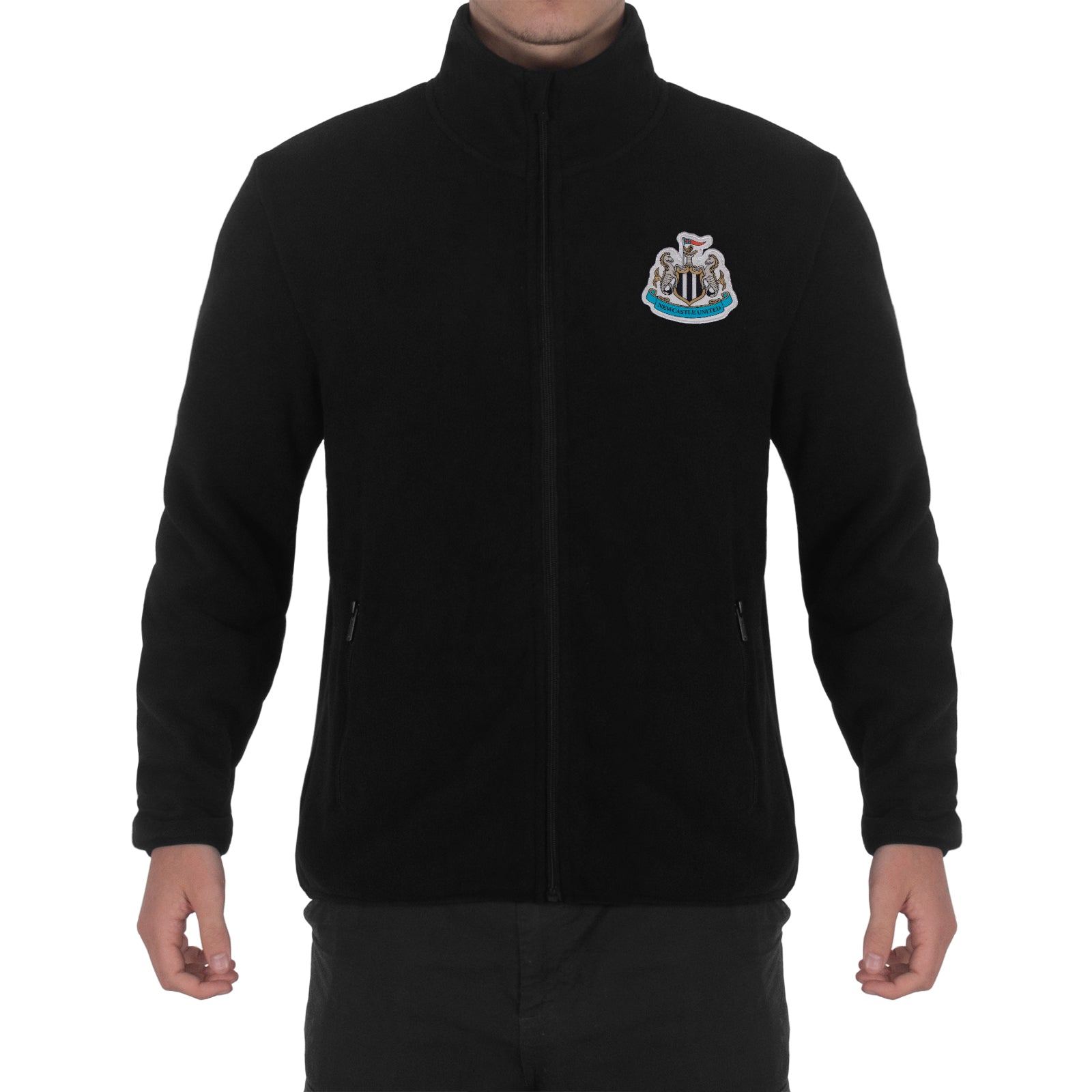 Newcastle United adults microfleece jacket in black with a woven club crest to chest.