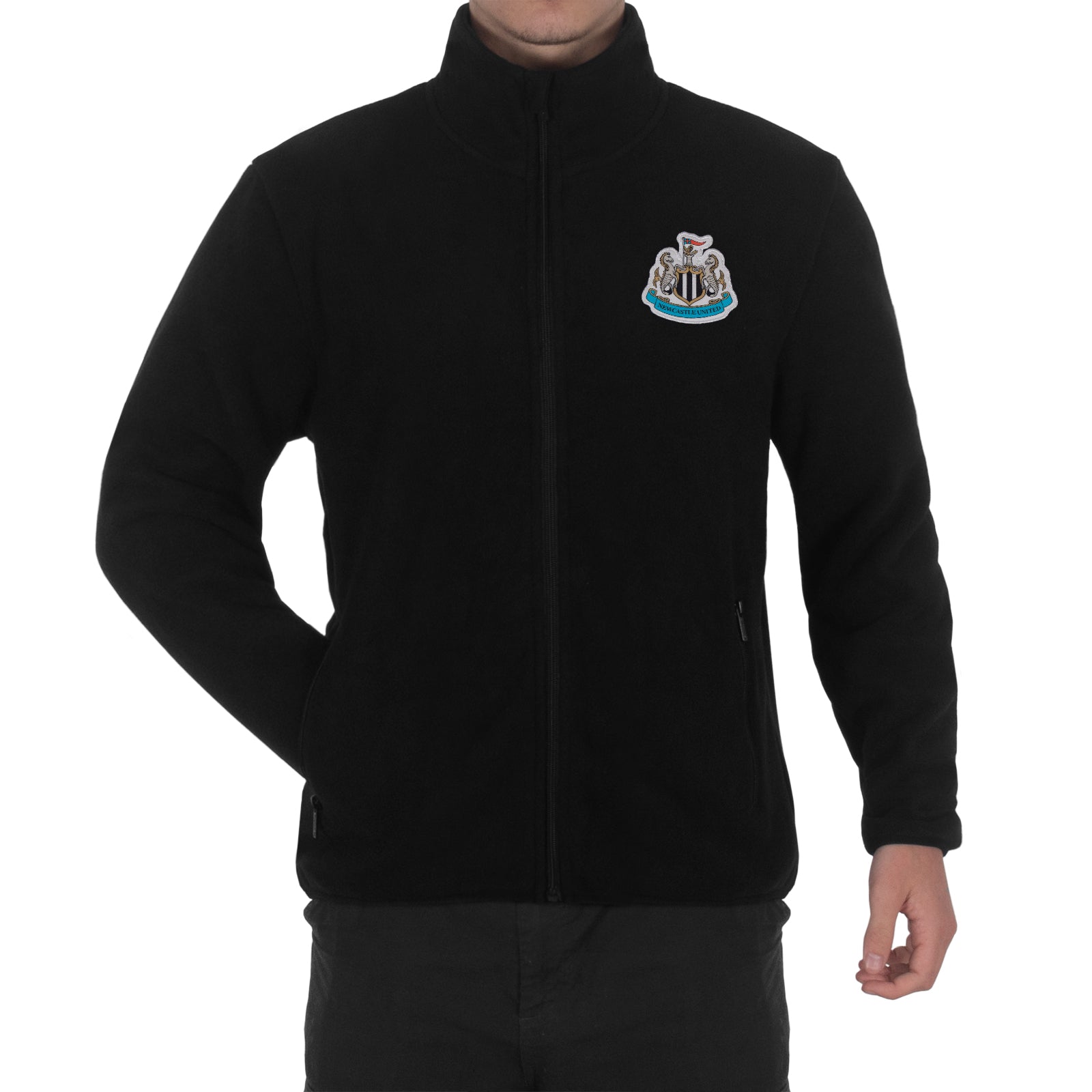 Newcastle United adults microfleece jacket in black with a woven club crest to chest.